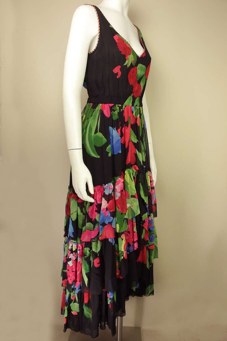 Leonard Floral Silk Jersey Peasant Dress at 1stdibs