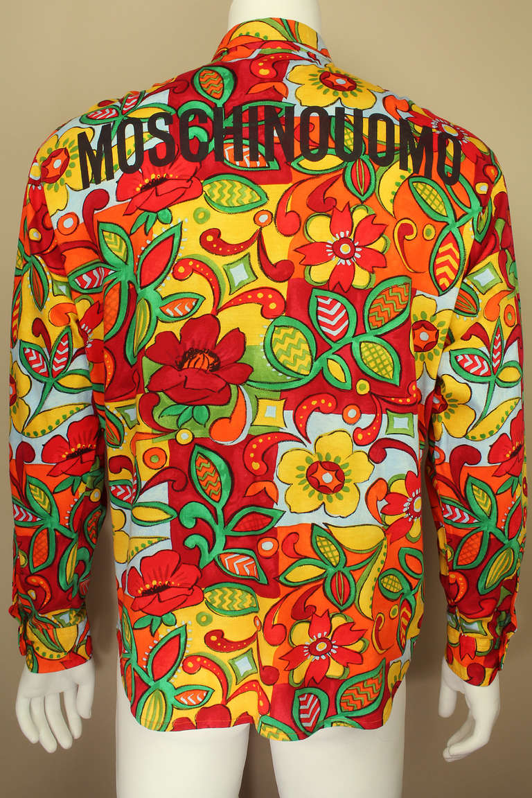 Moschino Super Pop Psychedelic Floral Shirt with Logo In Excellent Condition In New York, NY