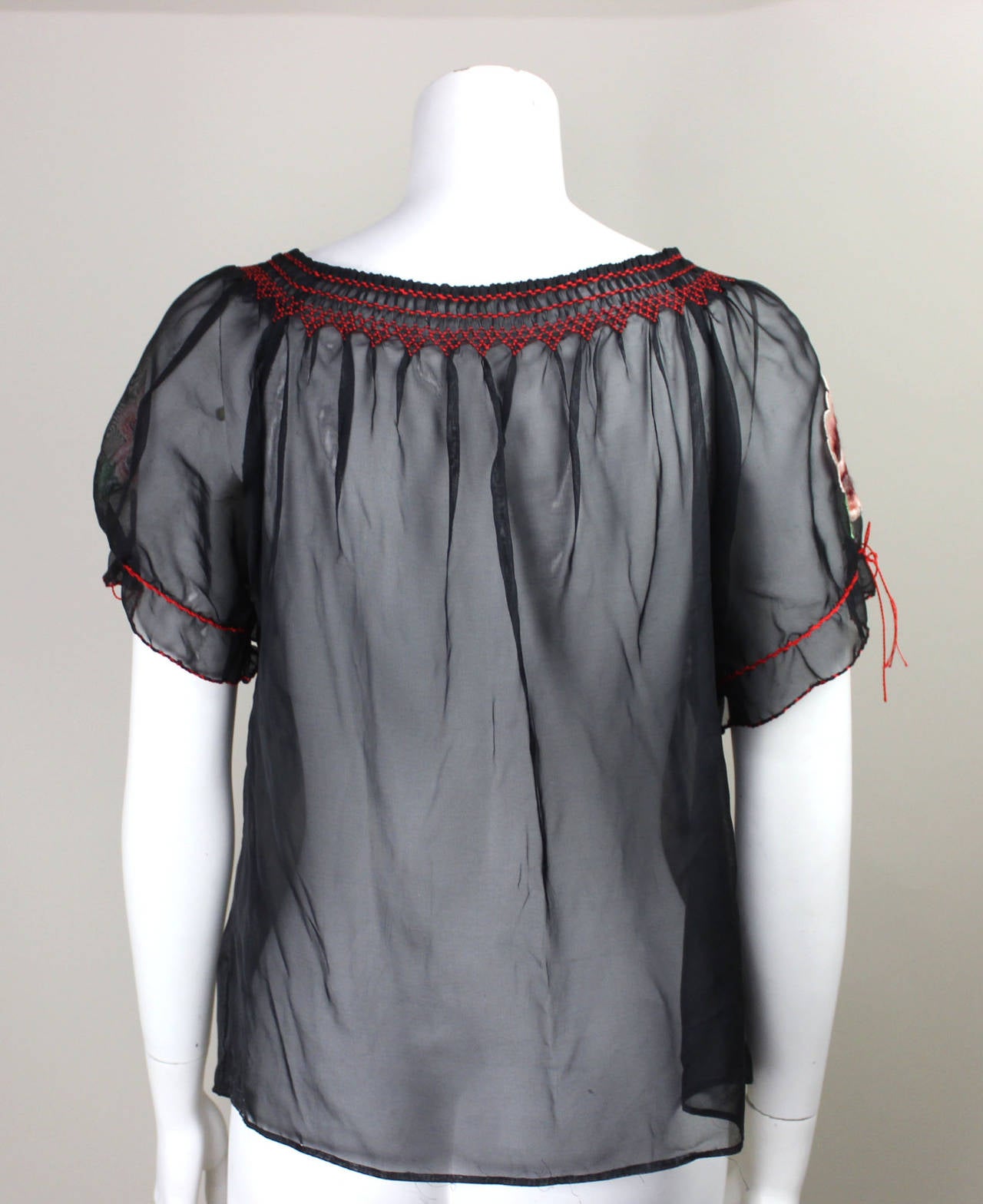 1960s Sheer Black Hand Embroidered Mexican Peasant Blouse In Excellent Condition In New York, NY