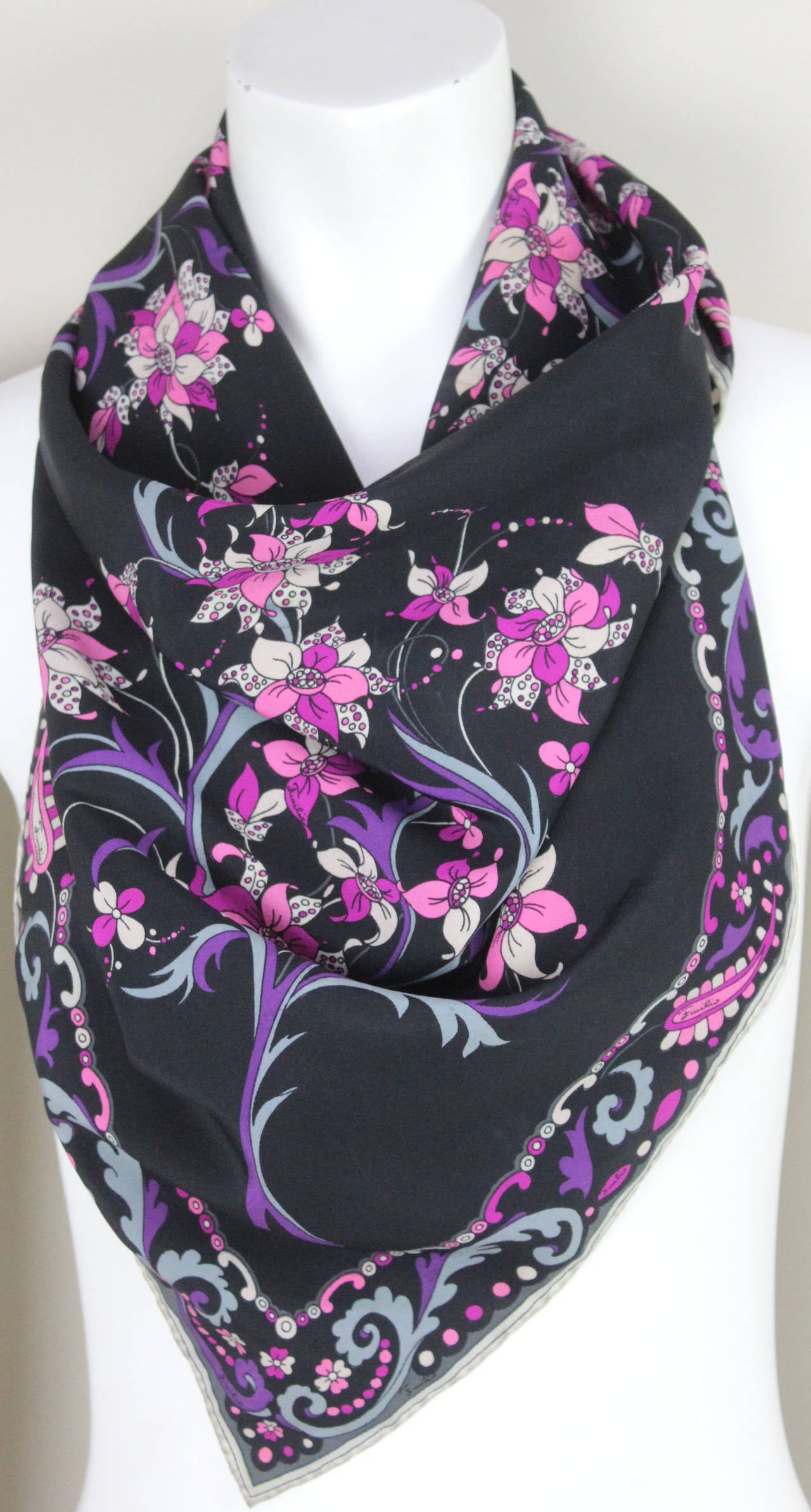 Black Vintage Floral Pucci Silk Scarf For Sale