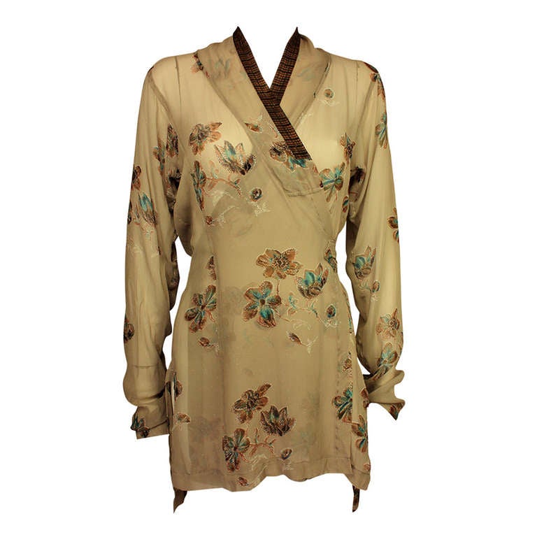 Dries Van Noten 1990s Silk Sheer Metallic Floral Tunic Top