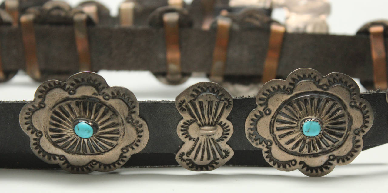 Black Vintage Navajo Silver/Turquoise Concha Belt For Sale