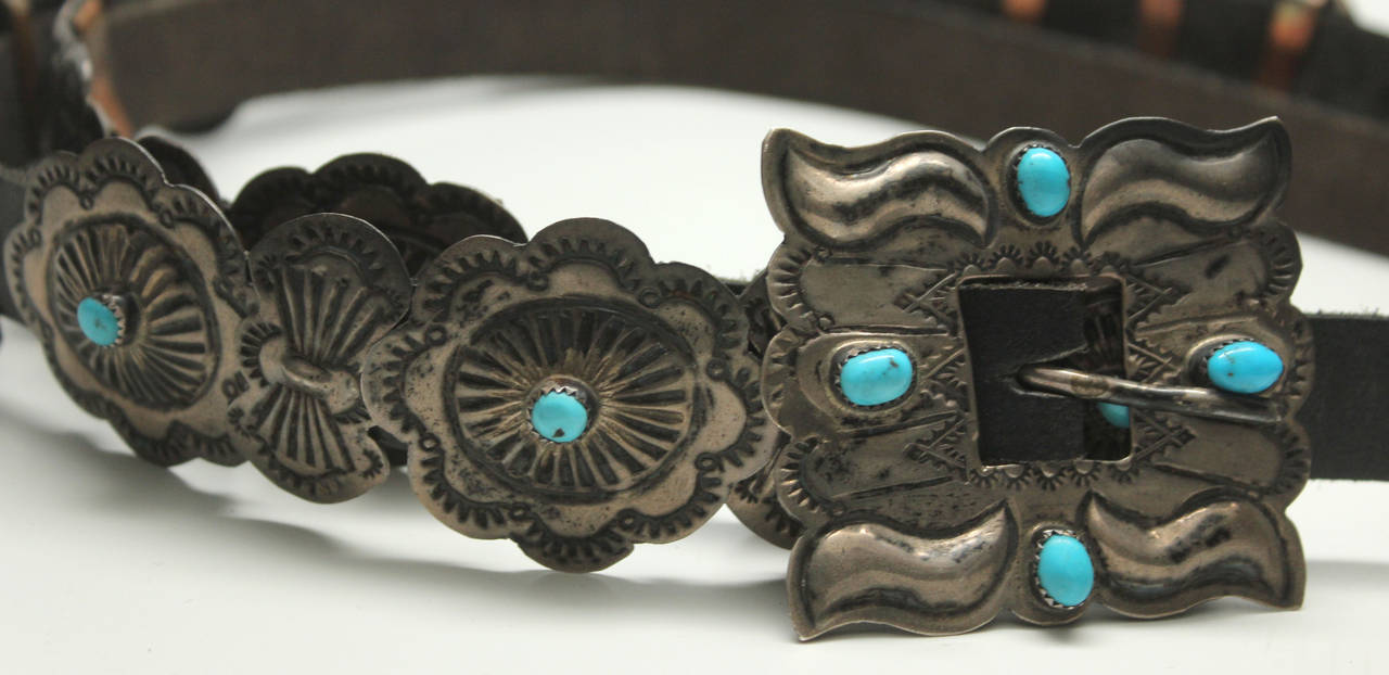 Women's or Men's Vintage Navajo Silver/Turquoise Concha Belt For Sale