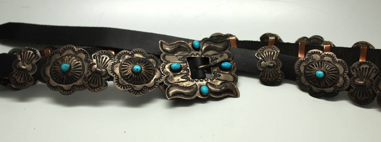 Vintage Navajo Silver/Turquoise Concha Belt In Excellent Condition For Sale In New York, NY