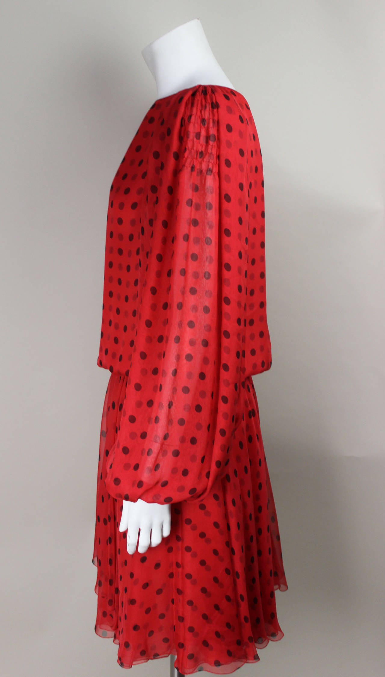 Women's Galanos 1970s Fluid Silky Polka Dot Dress For Sale