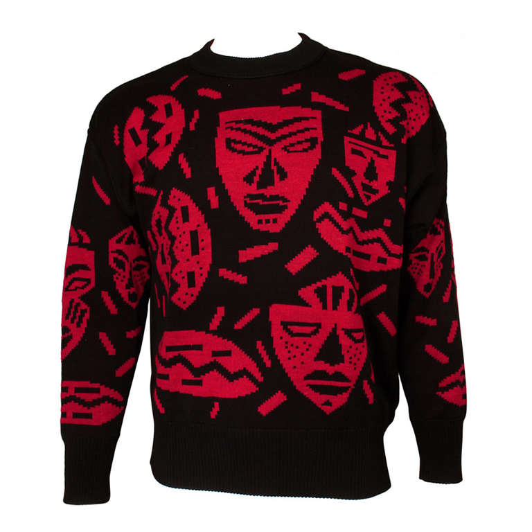 Claude Montana 1980s Mens Tribal Mask Print Sweater