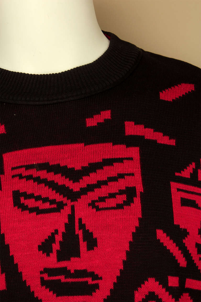 Women's or Men's Claude Montana 1980s Mens Tribal Mask Print Sweater
