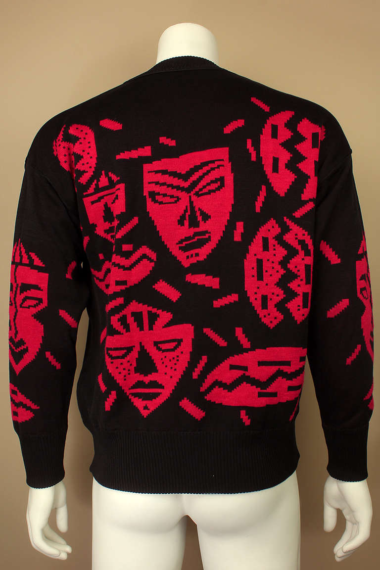 Claude Montana 1980s Mens Tribal Mask Print Sweater In Excellent Condition In New York, NY