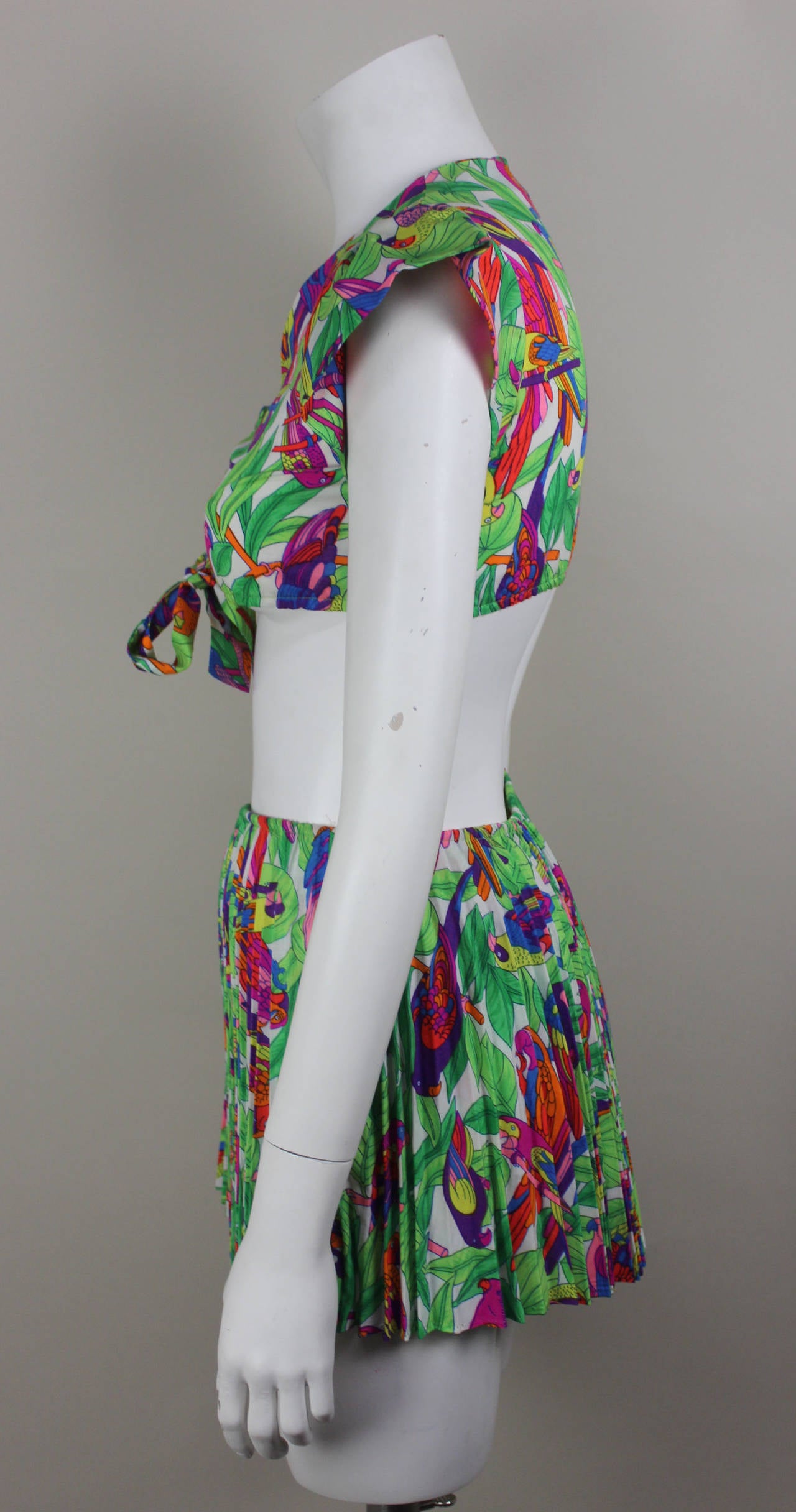 Women's Vintage 1960s 2 Piece Tropical Sunsuit with Accordian Pleated Skirt