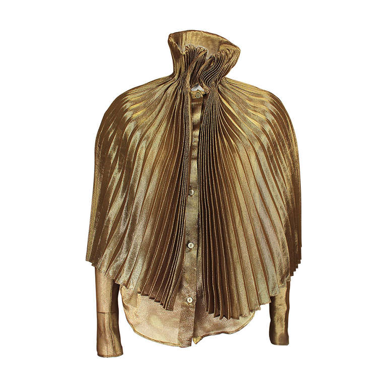 Romeo Gigli Metallic Sheer Gold Blouse with Attached Accordion Pleated Capelet