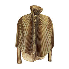 Romeo Gigli Metallic Sheer Gold Blouse with Attached Accordion Pleated Capelet