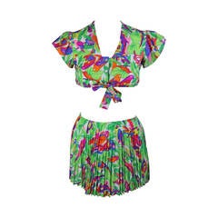 Vintage 1960s 2 Piece Tropical Sunsuit with Accordian Pleated Skirt