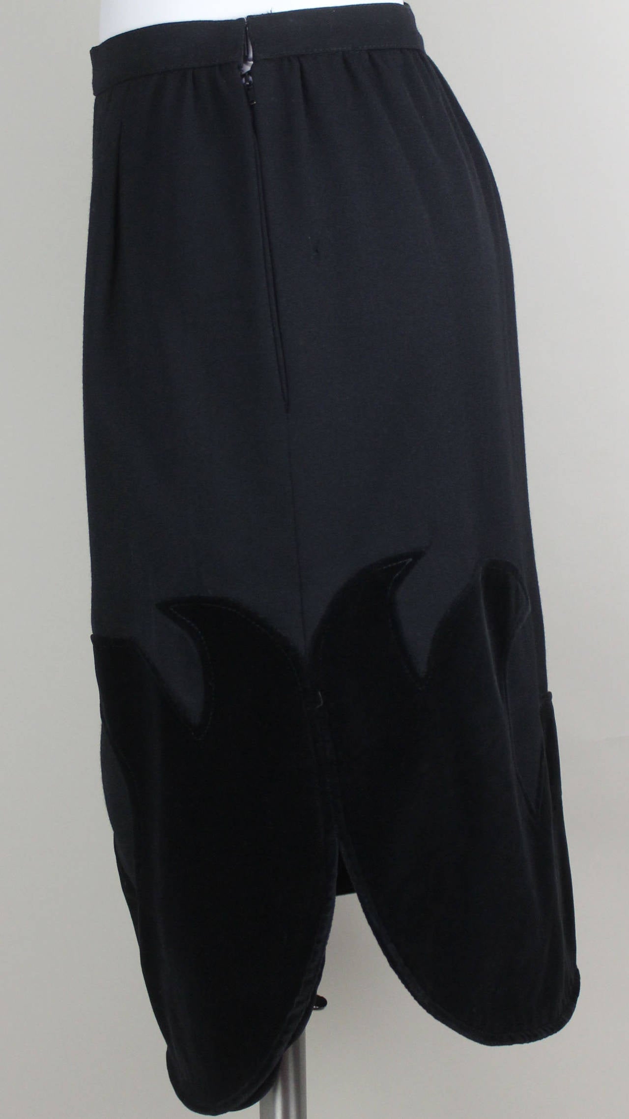 Black 1960s Valentino Boutique Cocoon Shaped Wool Skirt with Velvet Waves