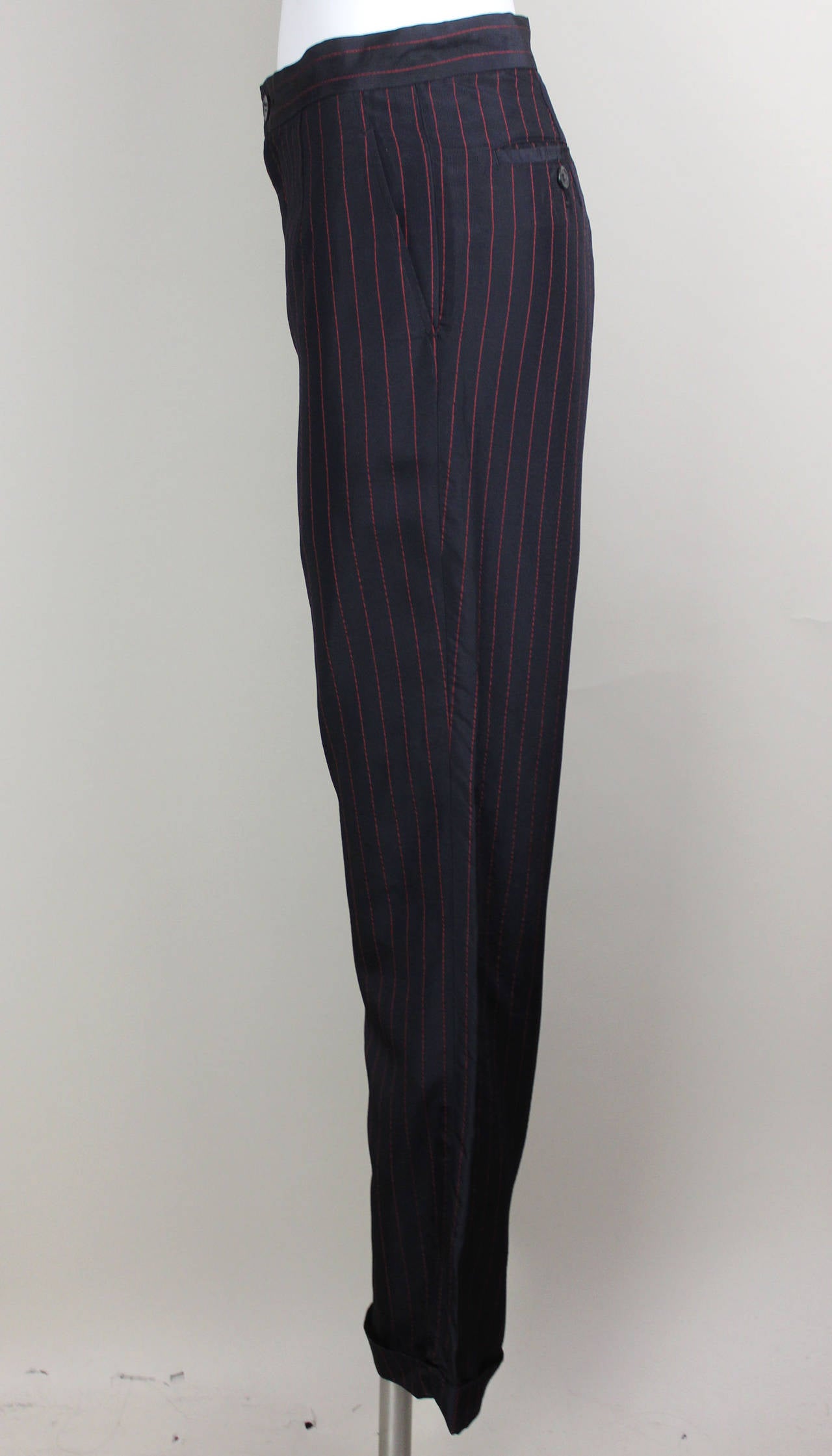Vintage Yohji Yamamoto Womens Black and Red Pin Stripe High Waist Pant Trousers In Excellent Condition In New York, NY