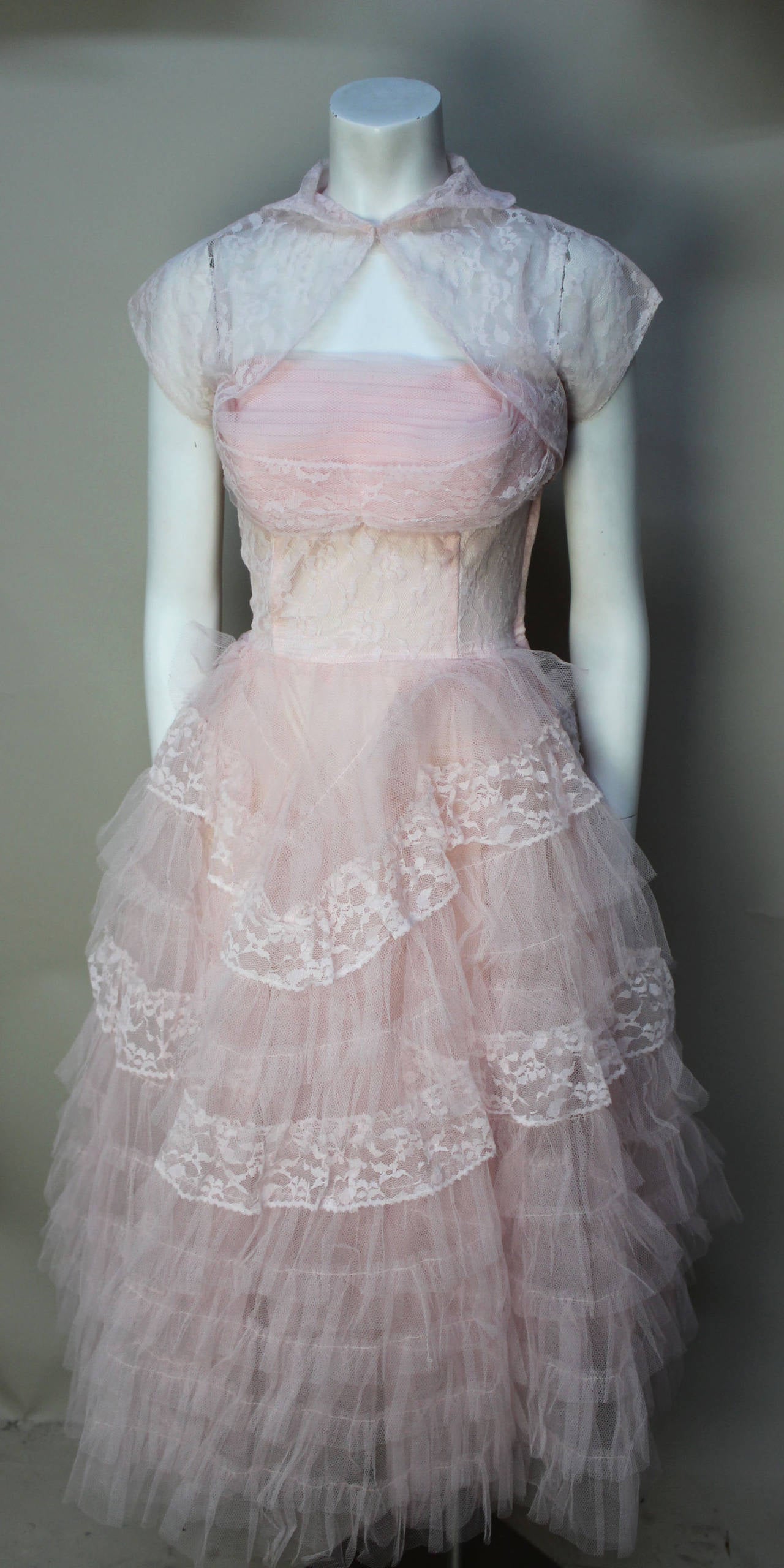 Stunning Never Worn 1950s Pink Tulle Evening Dress with Lace Bolero