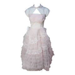 Vintage Stunning Never Worn 1950s Pink Tulle Evening Dress with Lace Bolero