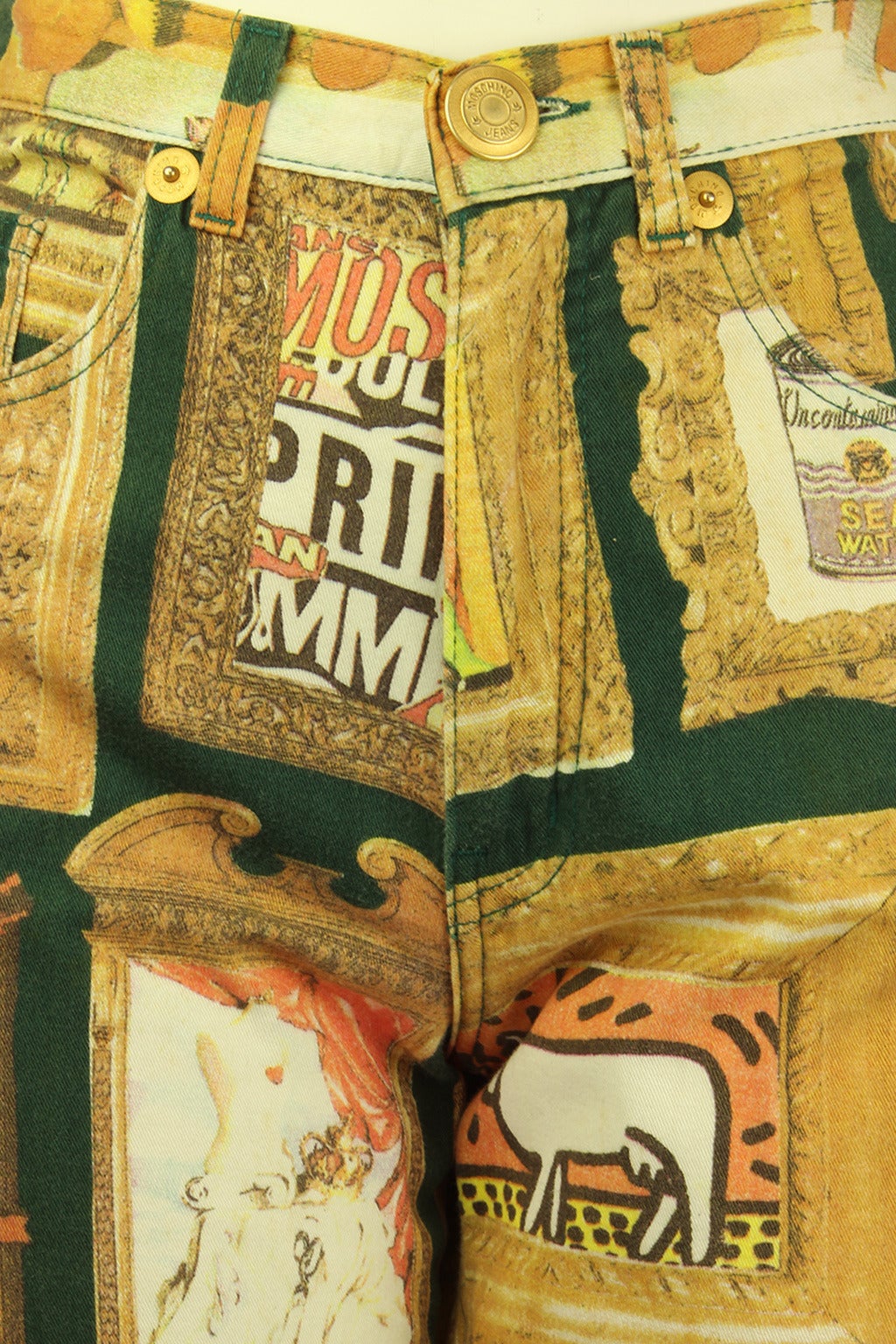These early 1990's jeans are covered in a photo print of framed art pieces. Warhol like and Keith Haring esque images are mixed with Moschino symbols & words.