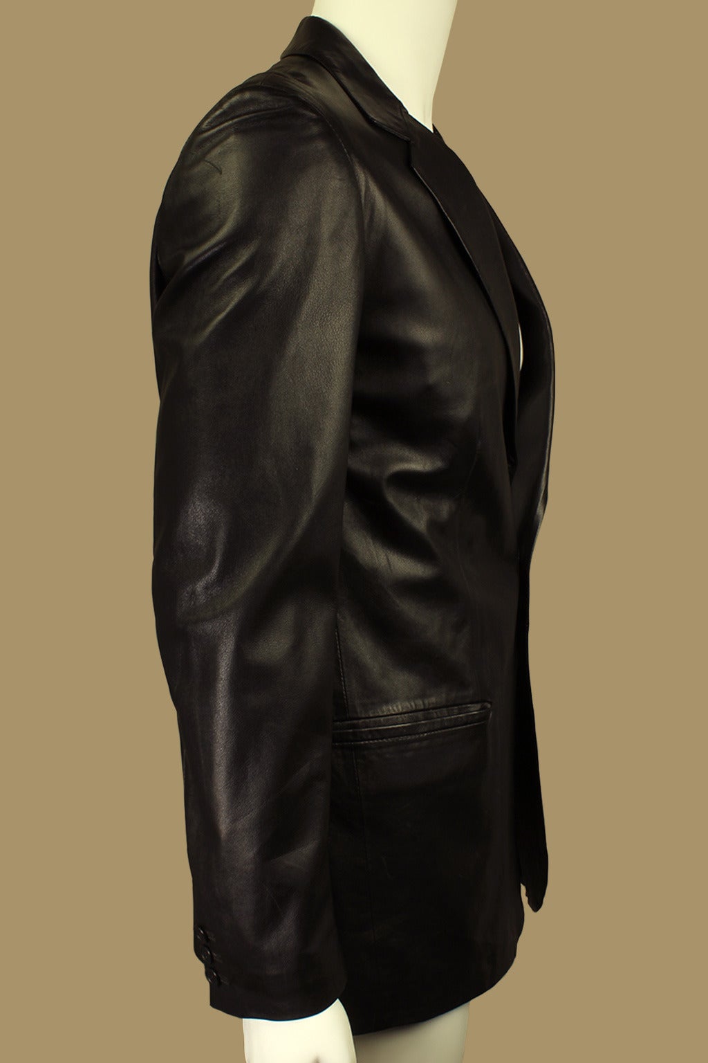 This is a classic style lean jacket in butter soft leather. It is a perfect example of a luxury but understated Helmut Lang garment.