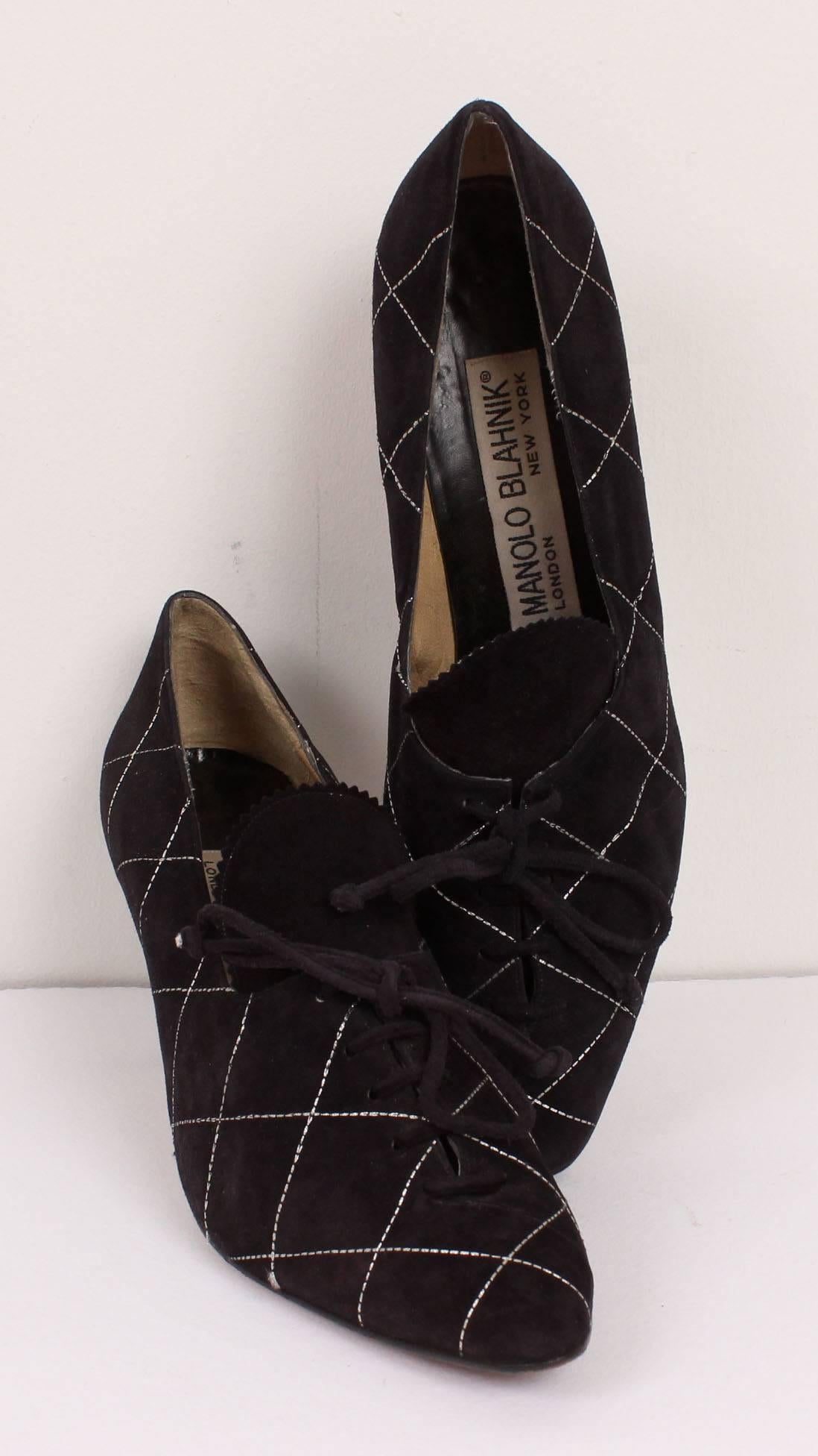 Women's Manolo Blahnik Early 1980's Black and Silver Suede Pumps