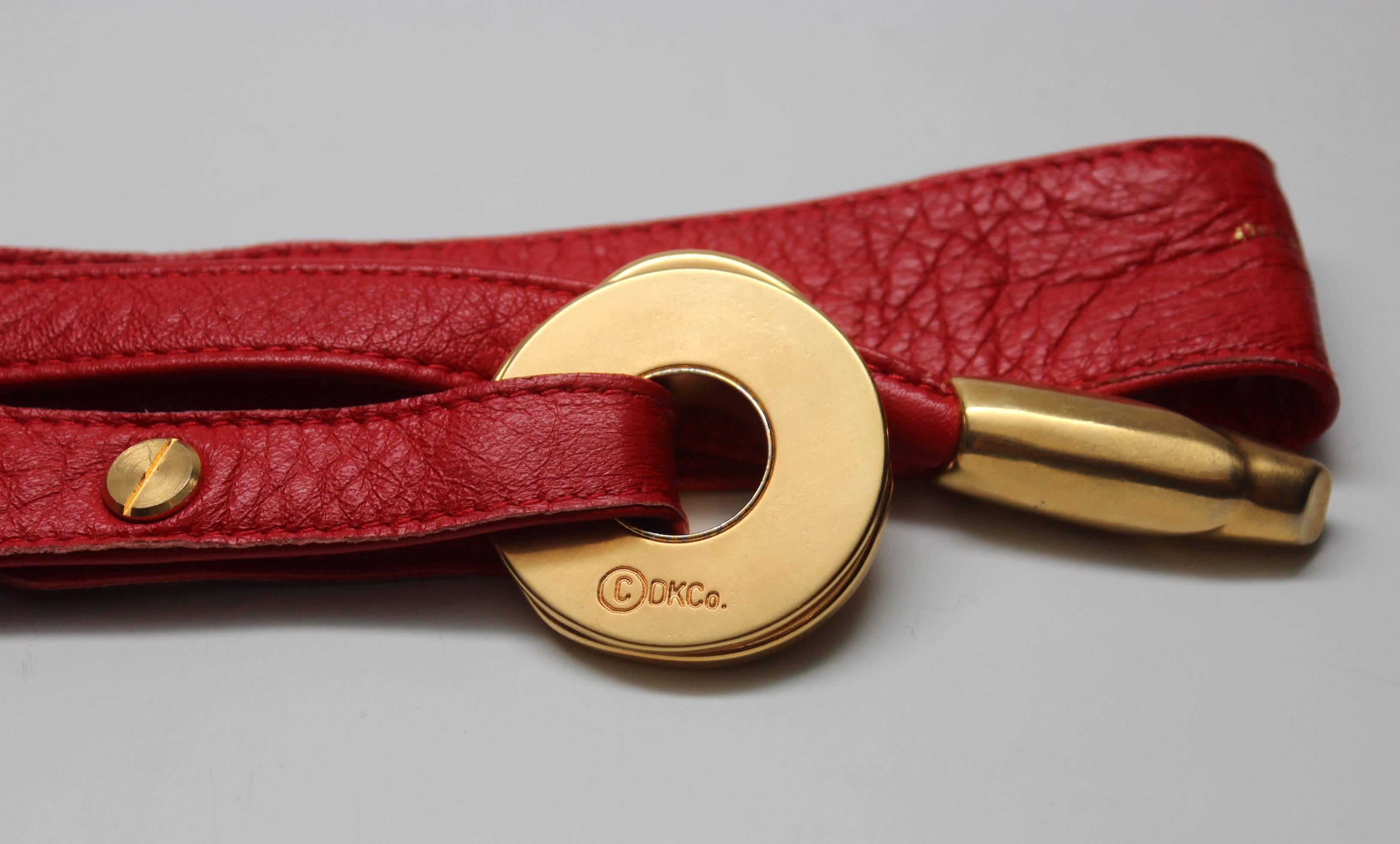 Women's or Men's Donna Karan 1980s Red Leather Belt with Sculptural Hardware For Sale