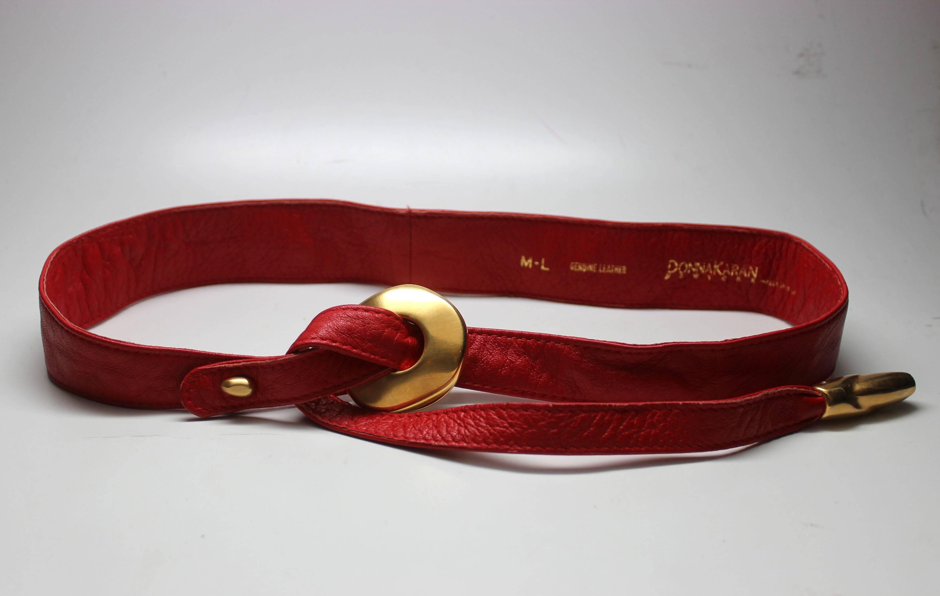 Black Donna Karan 1980s Red Leather Belt with Sculptural Hardware For Sale