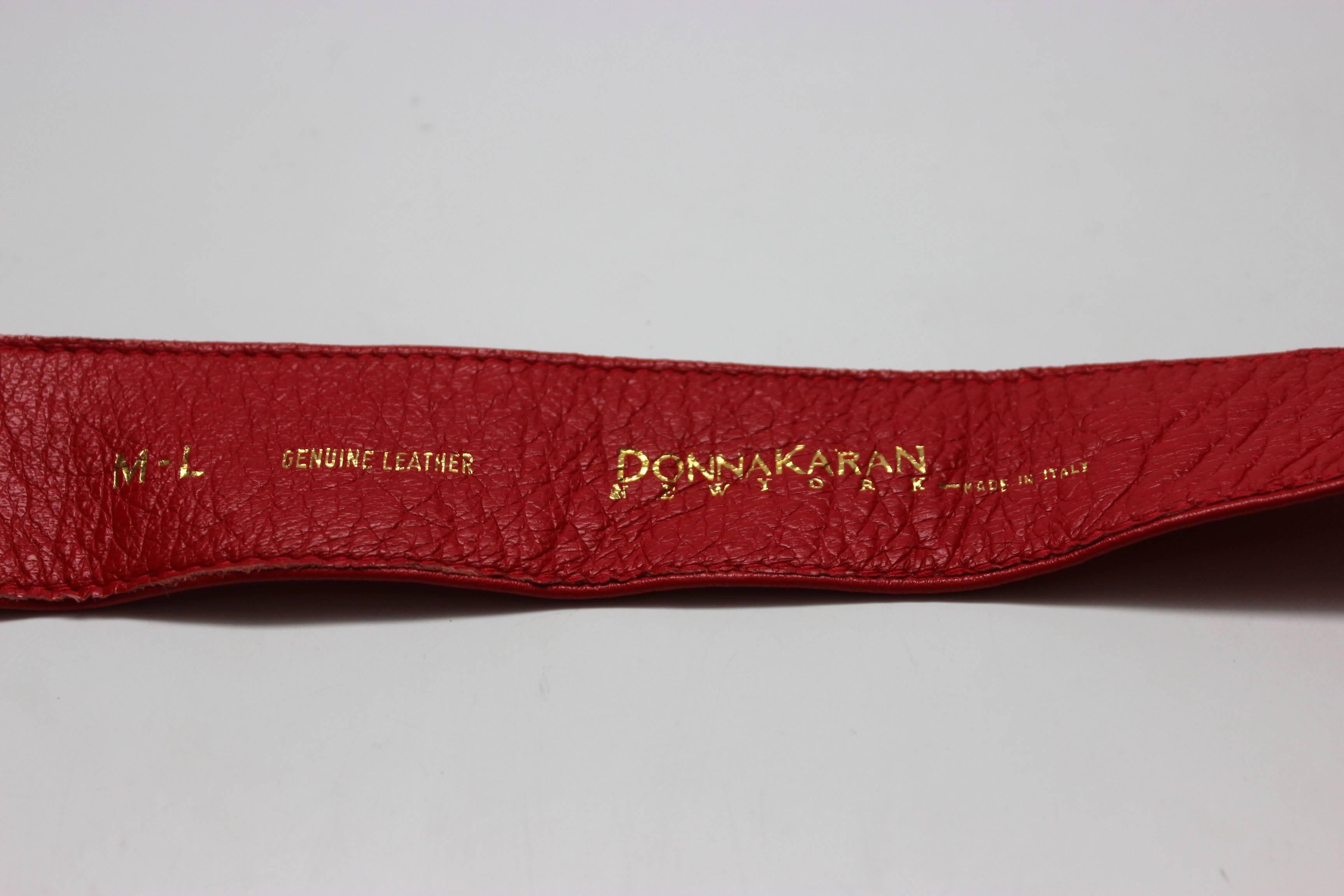 Donna Karan 1980s Red Leather Belt with Sculptural Hardware For Sale 1