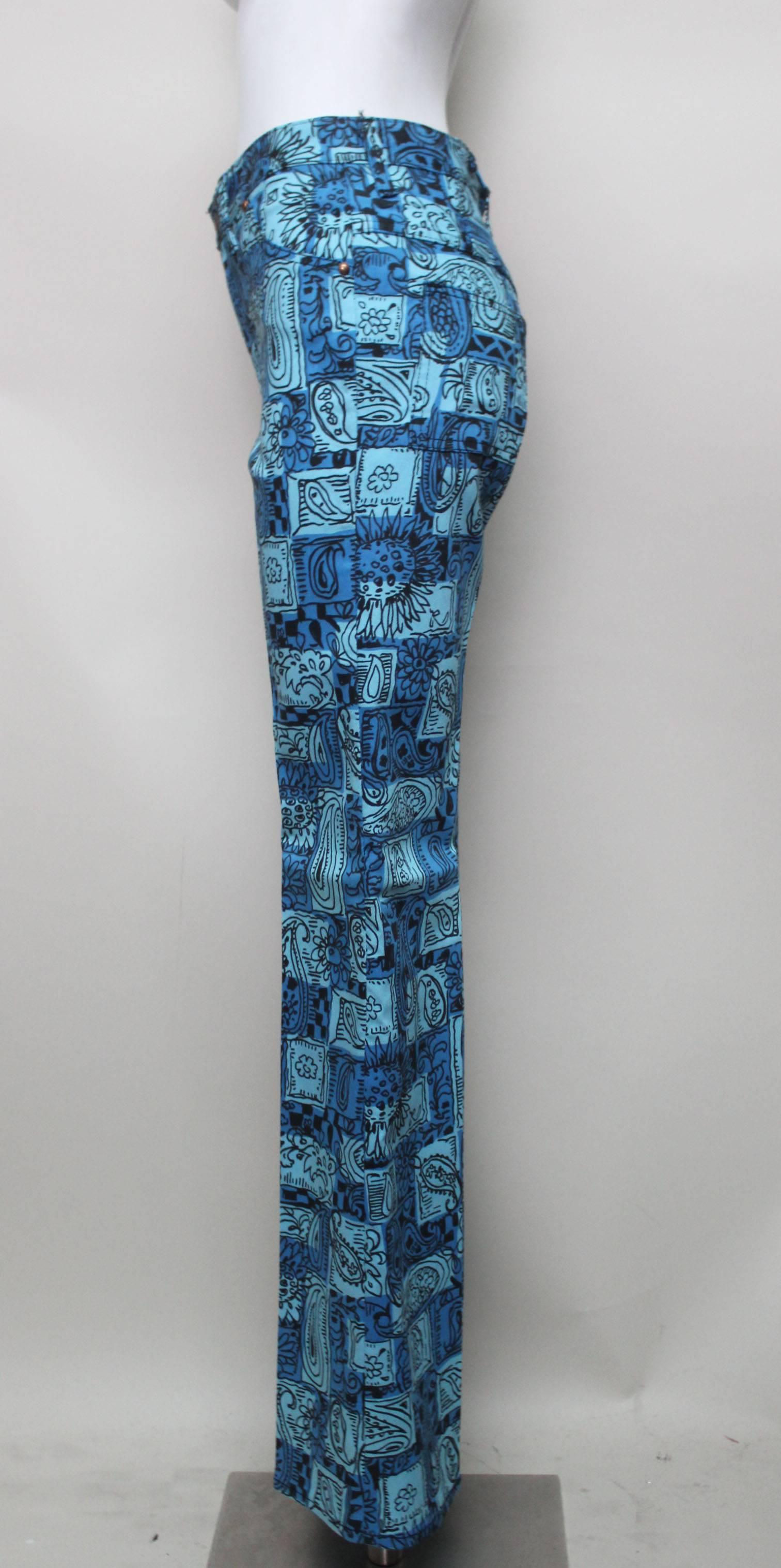 Blue 1970s Paisley Pattern Dead Stock Flares For Sale