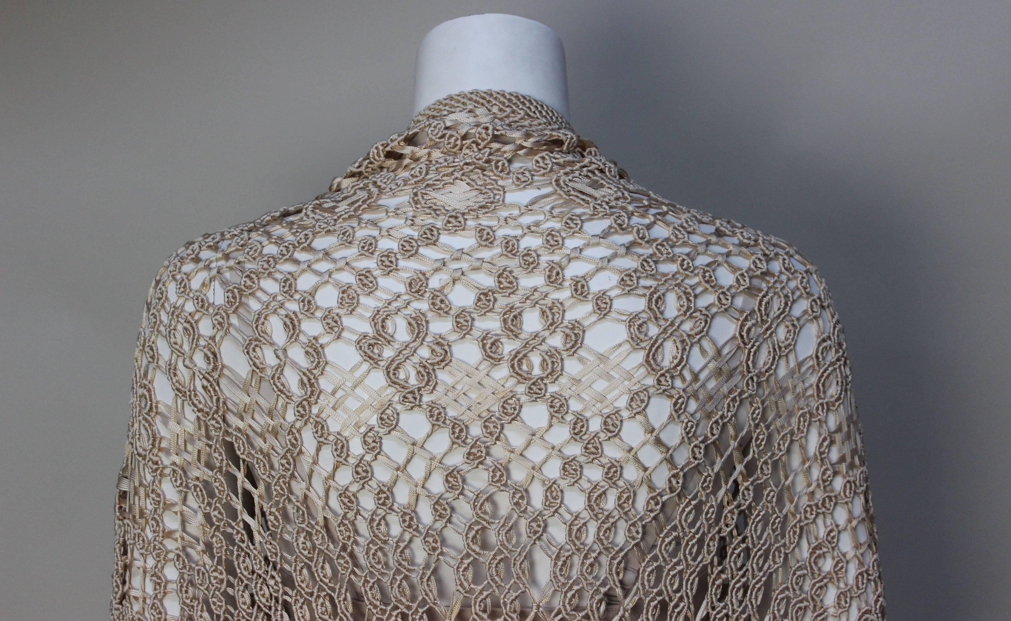 Women's or Men's Silk Crochet Ribbon Fringed 1930s Shawl For Sale