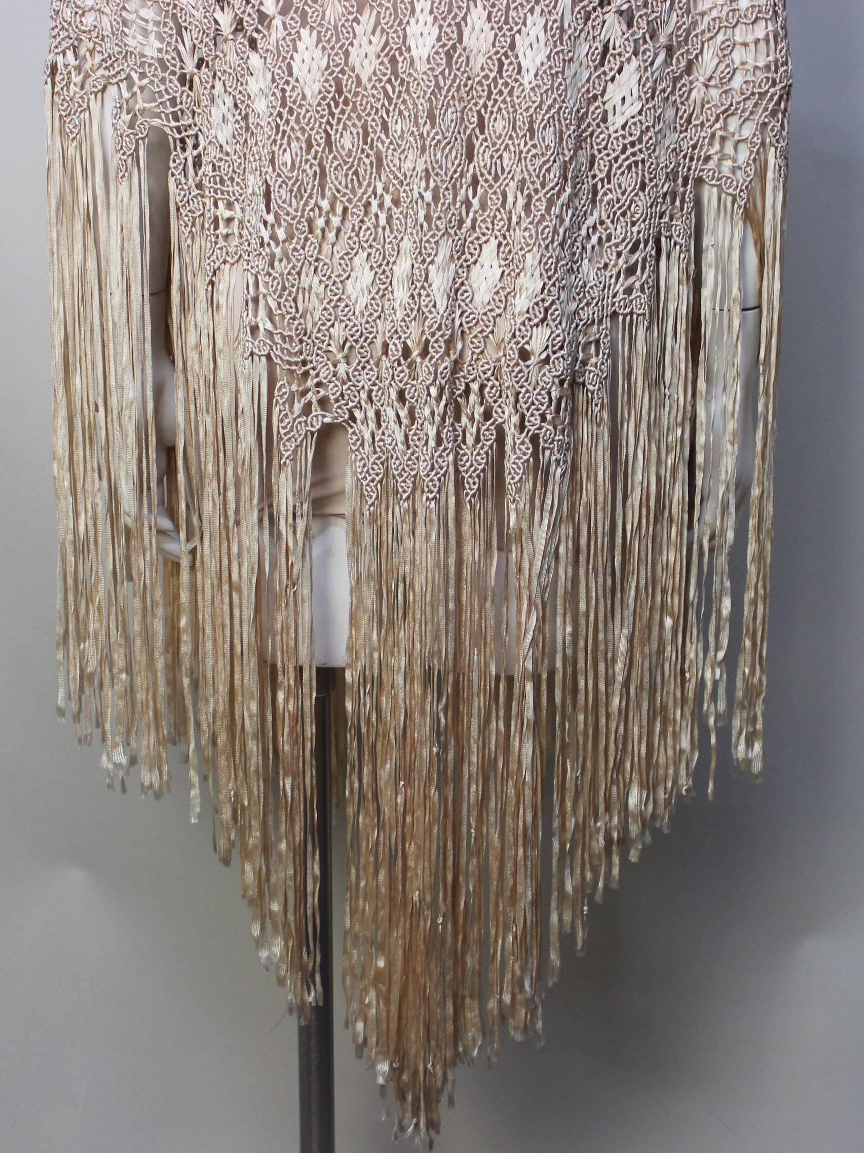 Silk Crochet Ribbon Fringed 1930s Shawl For Sale 1