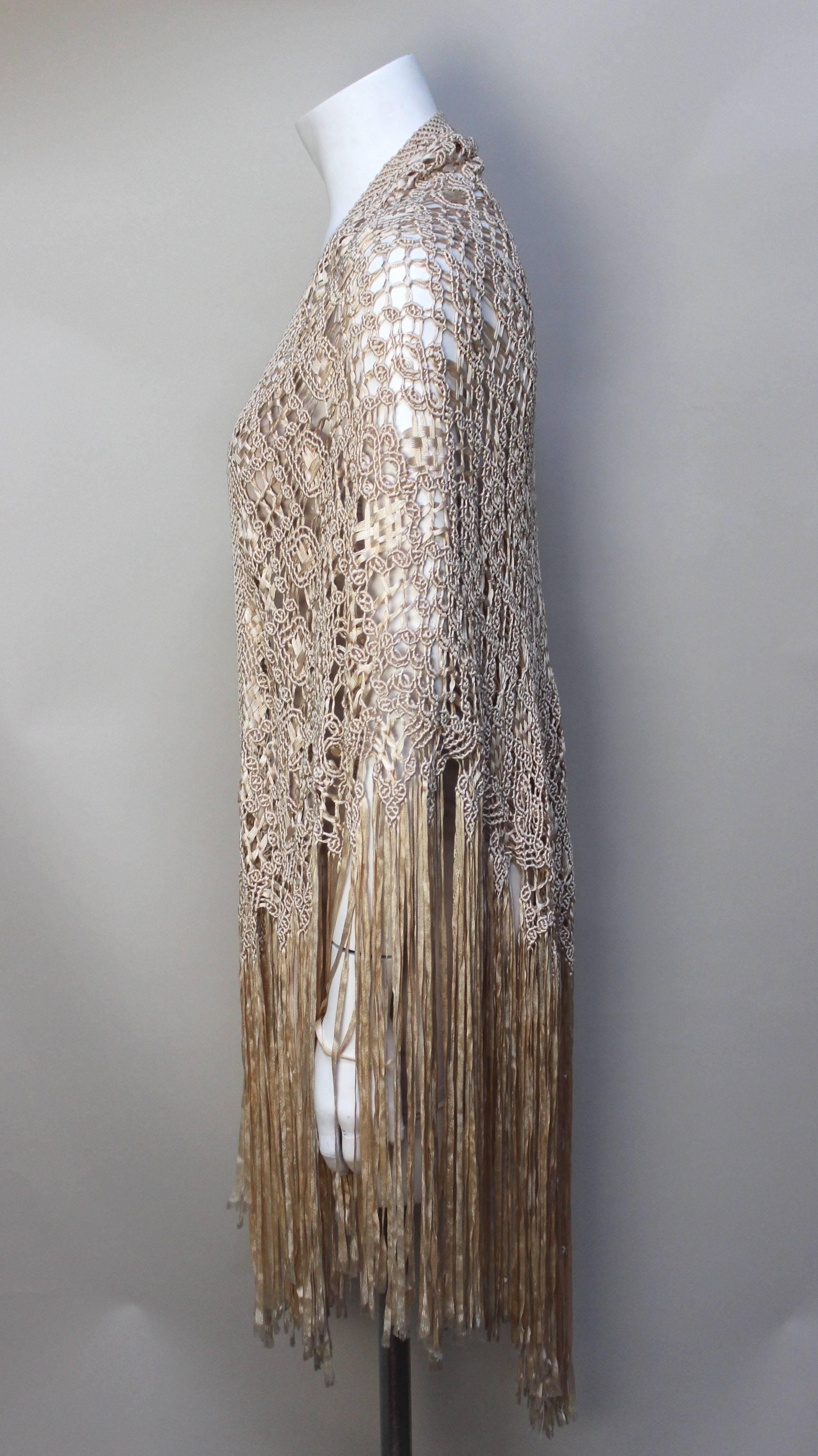 Gray Silk Crochet Ribbon Fringed 1930s Shawl For Sale