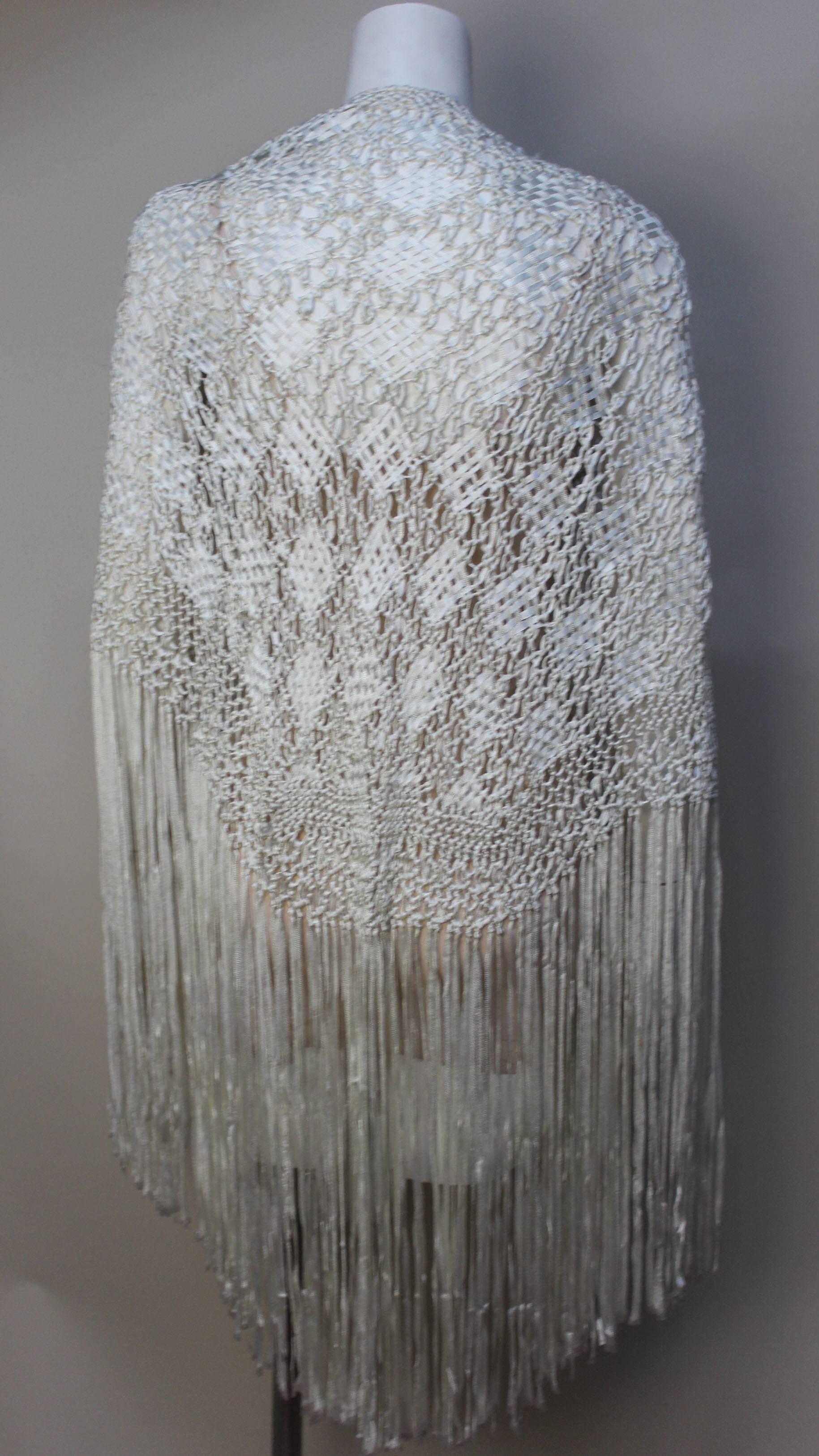 Gray White Silk Crochet Ribbon Fringed 1930s Shawl For Sale