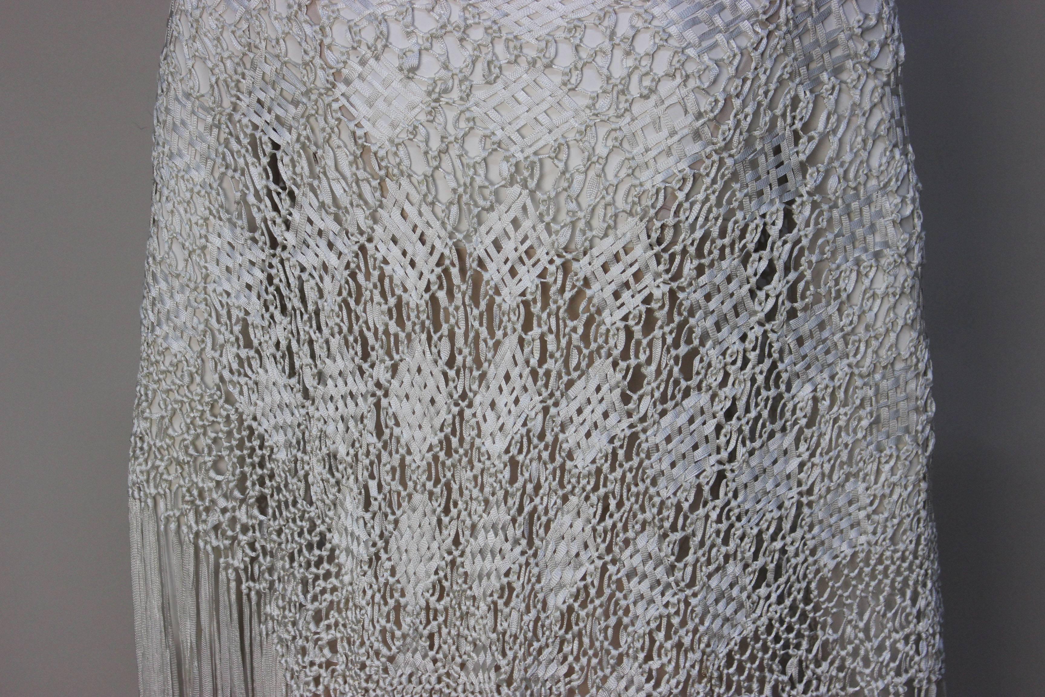 White Silk Crochet Ribbon Fringed 1930s Shawl For Sale 1