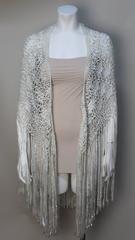 White Silk Crochet Ribbon Fringed 1930s Shawl