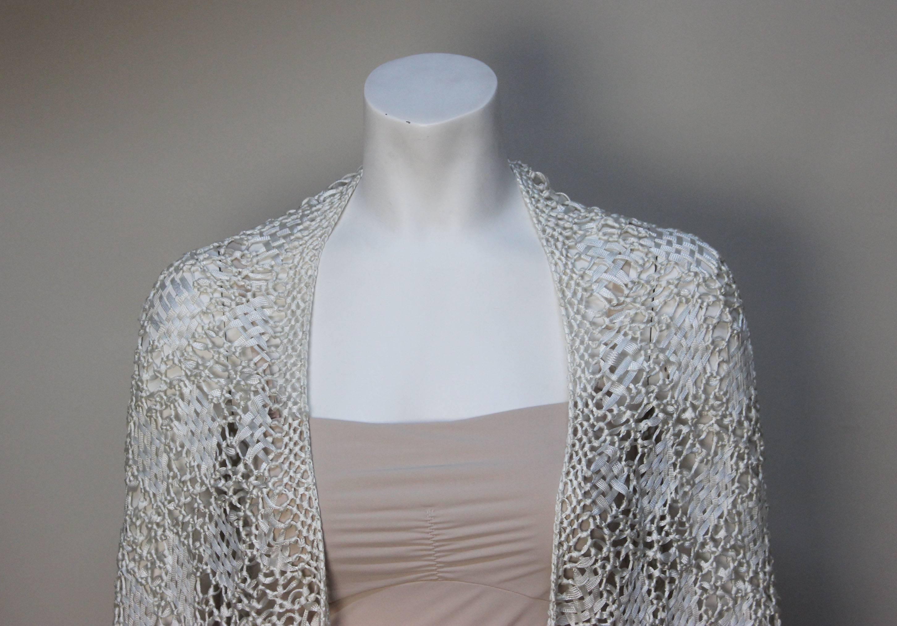 Women's White Silk Crochet Ribbon Fringed 1930s Shawl For Sale