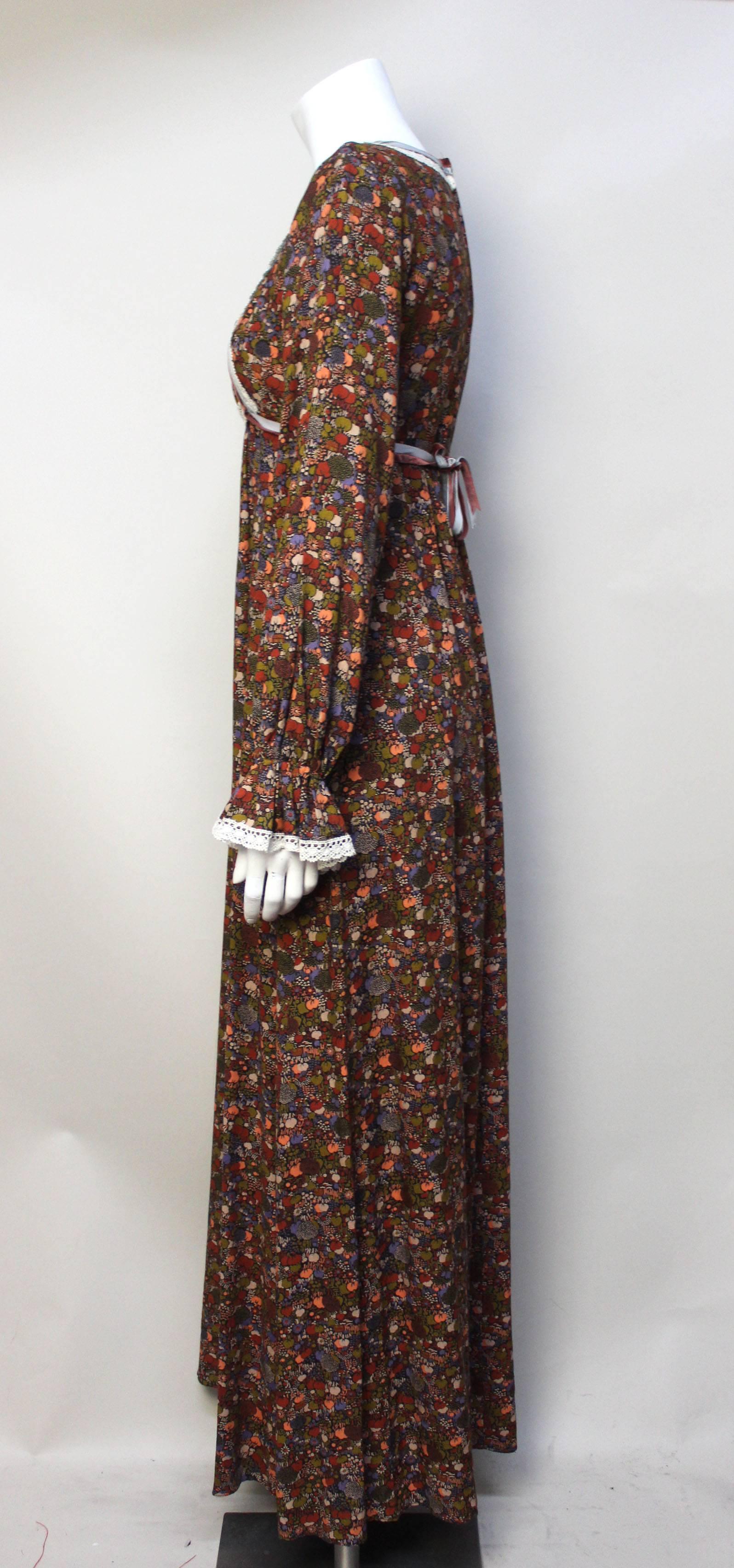 Brown 1970s John Charles Cotton Floral Folkloric Maxi Dress
