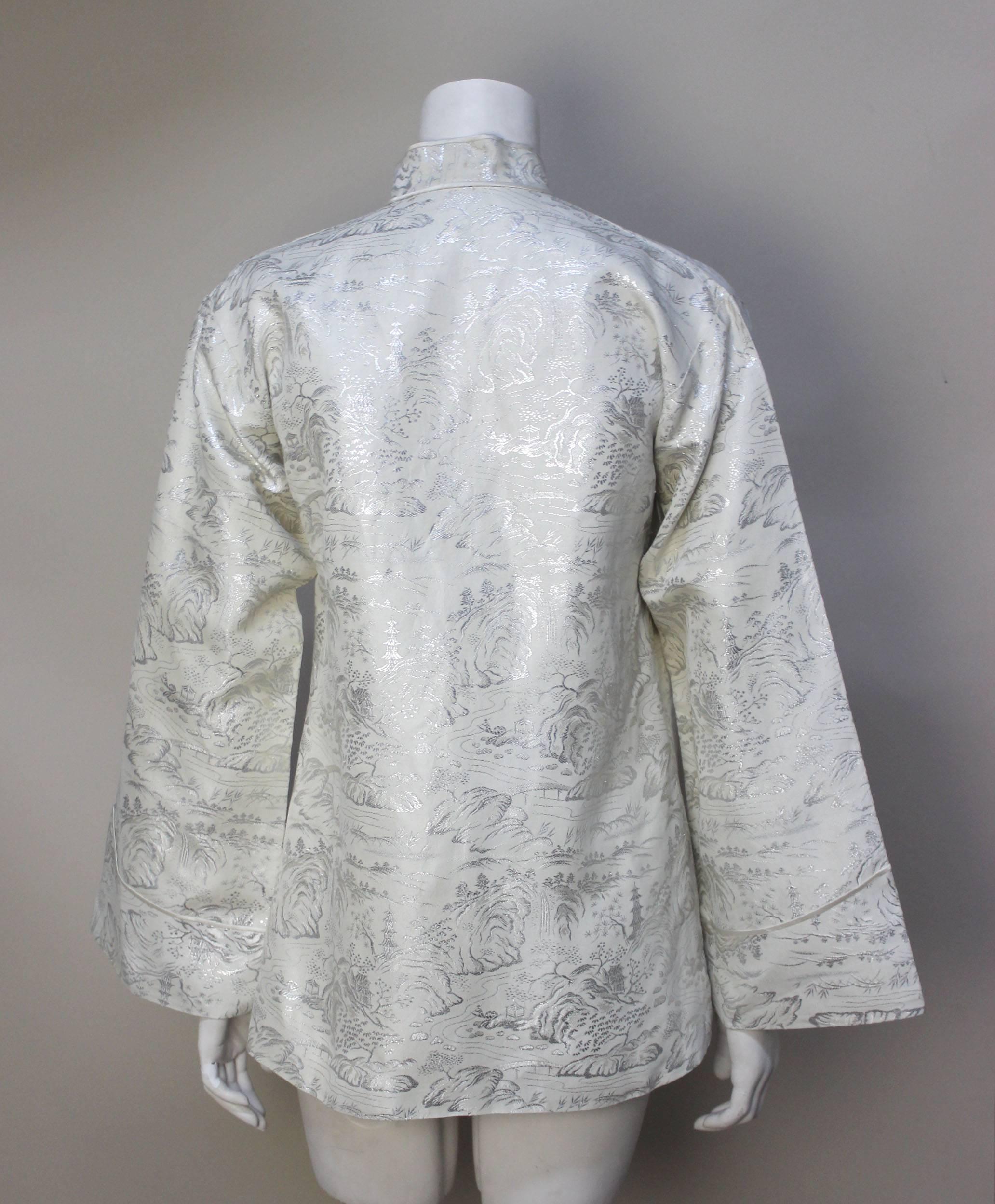 Women's or Men's 1940s Ivory Brocade Chinese Jacket with Matching Bag