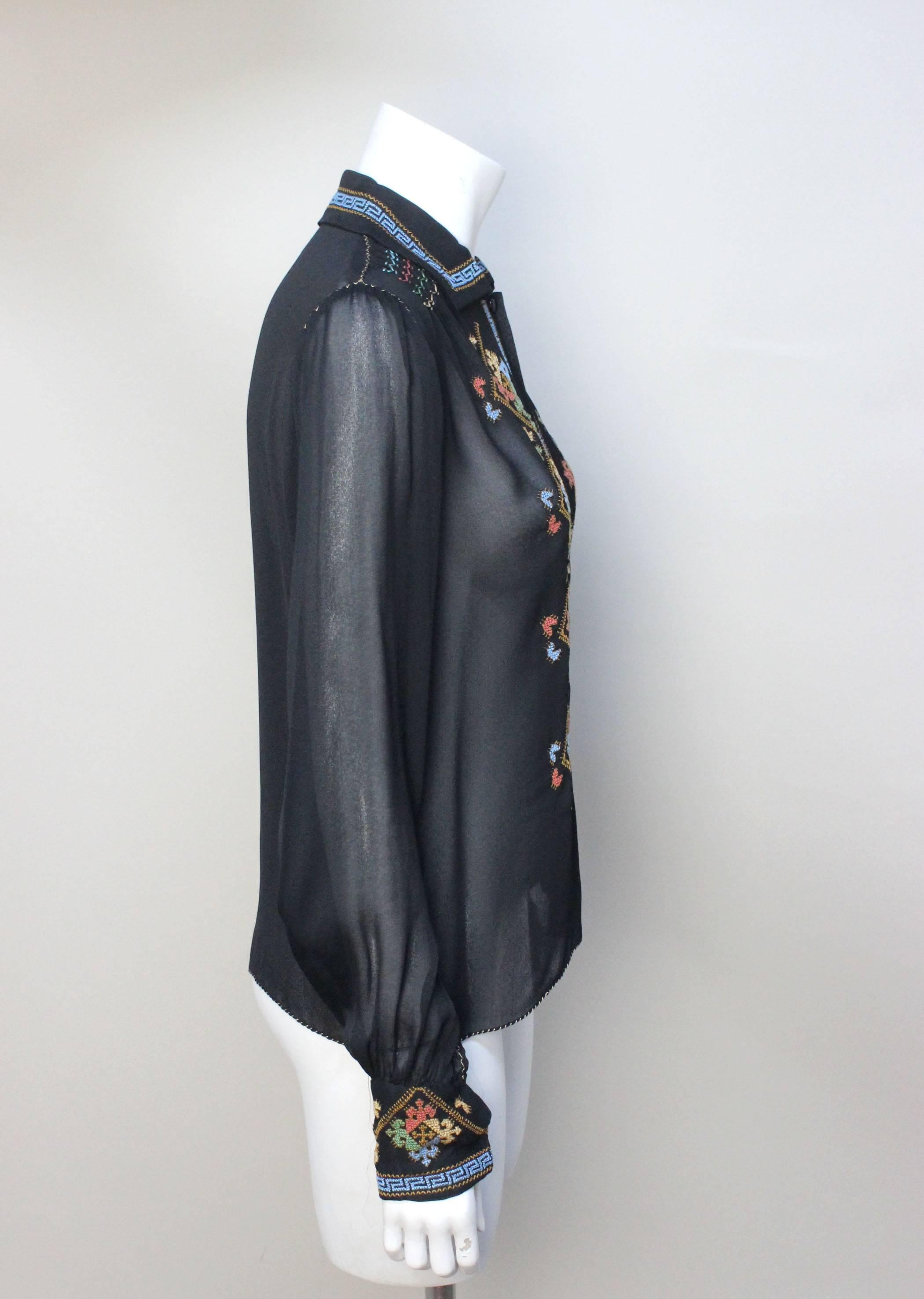Exquisite Vintage Black Sheer Crepe Peasant Hand Embroidered Blouse In Excellent Condition In New York, NY