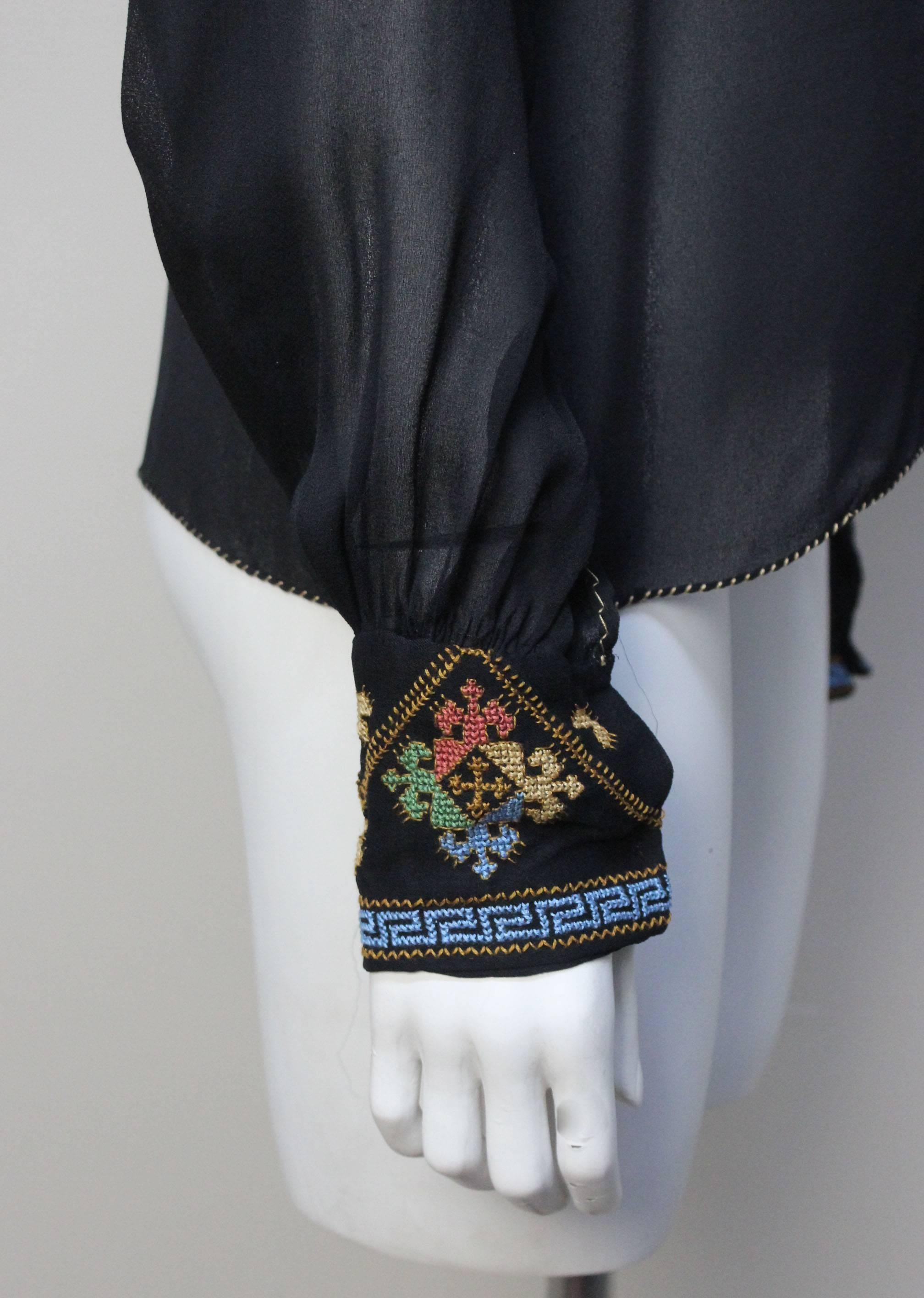 Exquisite Vintage Black Sheer Crepe Peasant Hand Embroidered Blouse 3