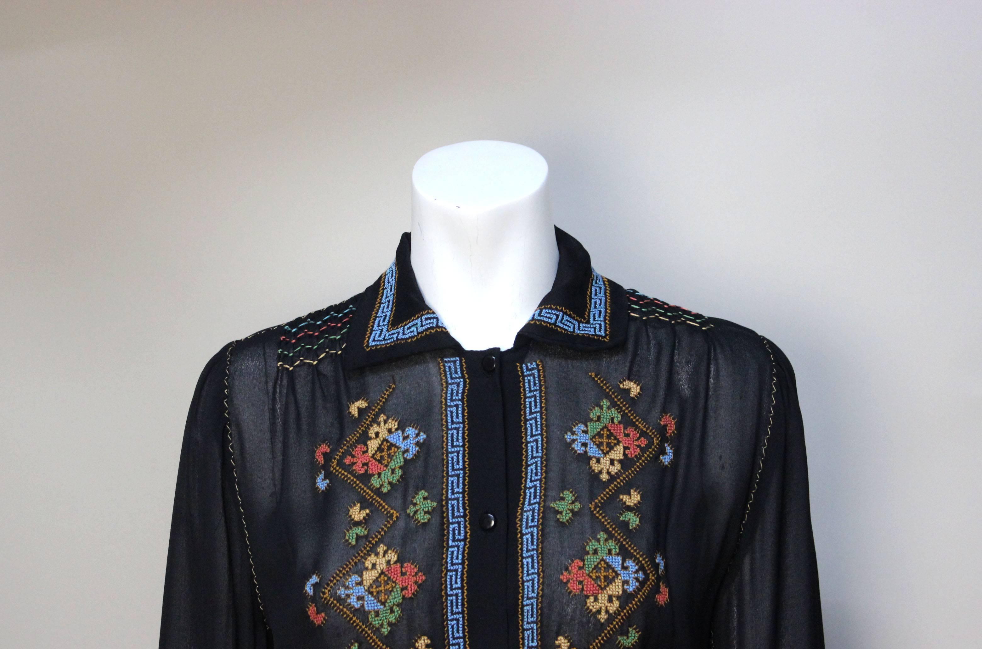 Exquisite Vintage Black Sheer Crepe Peasant Hand Embroidered Blouse 1