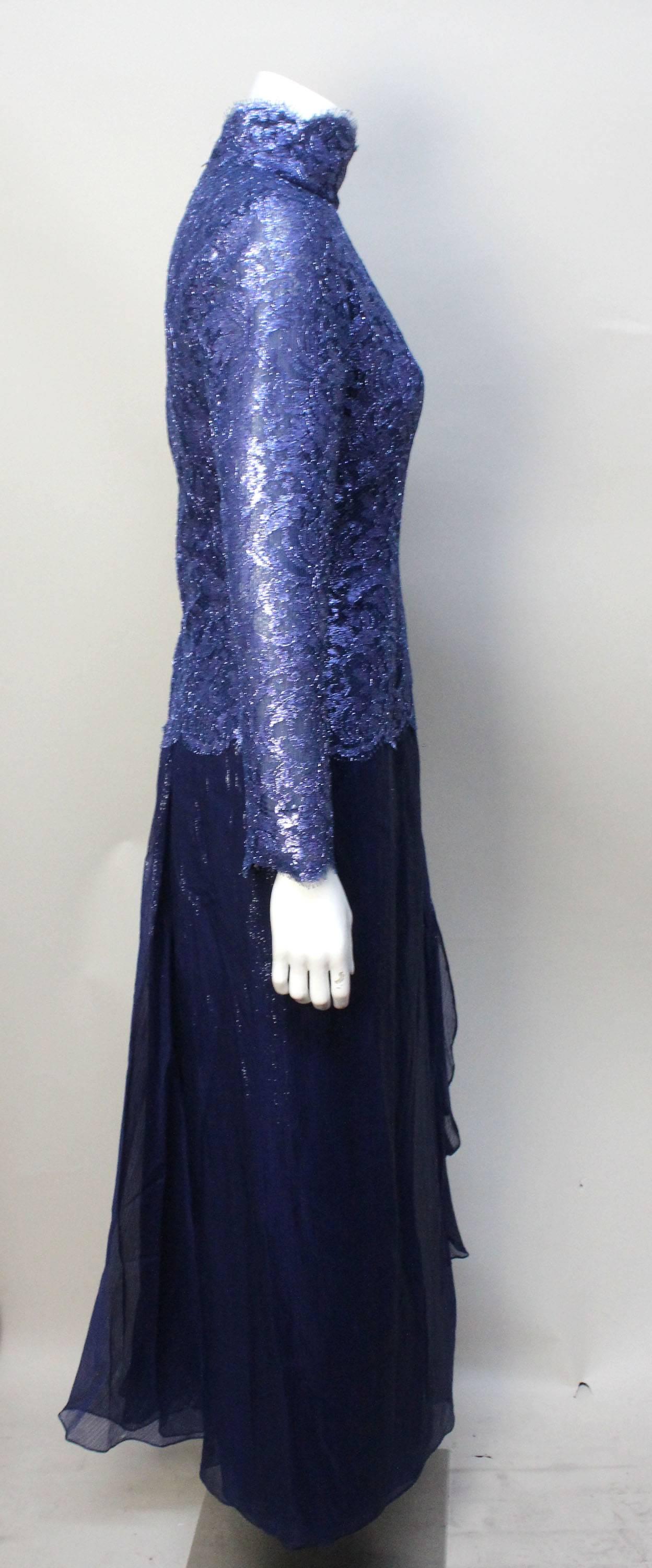 Purple 1970s Bob Mackie Glamorous Navy Lace and Silk Chiffon Evening Dress For Sale
