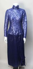 1970s Bob Mackie Glamorous Navy Lace and Silk Chiffon Evening Dress