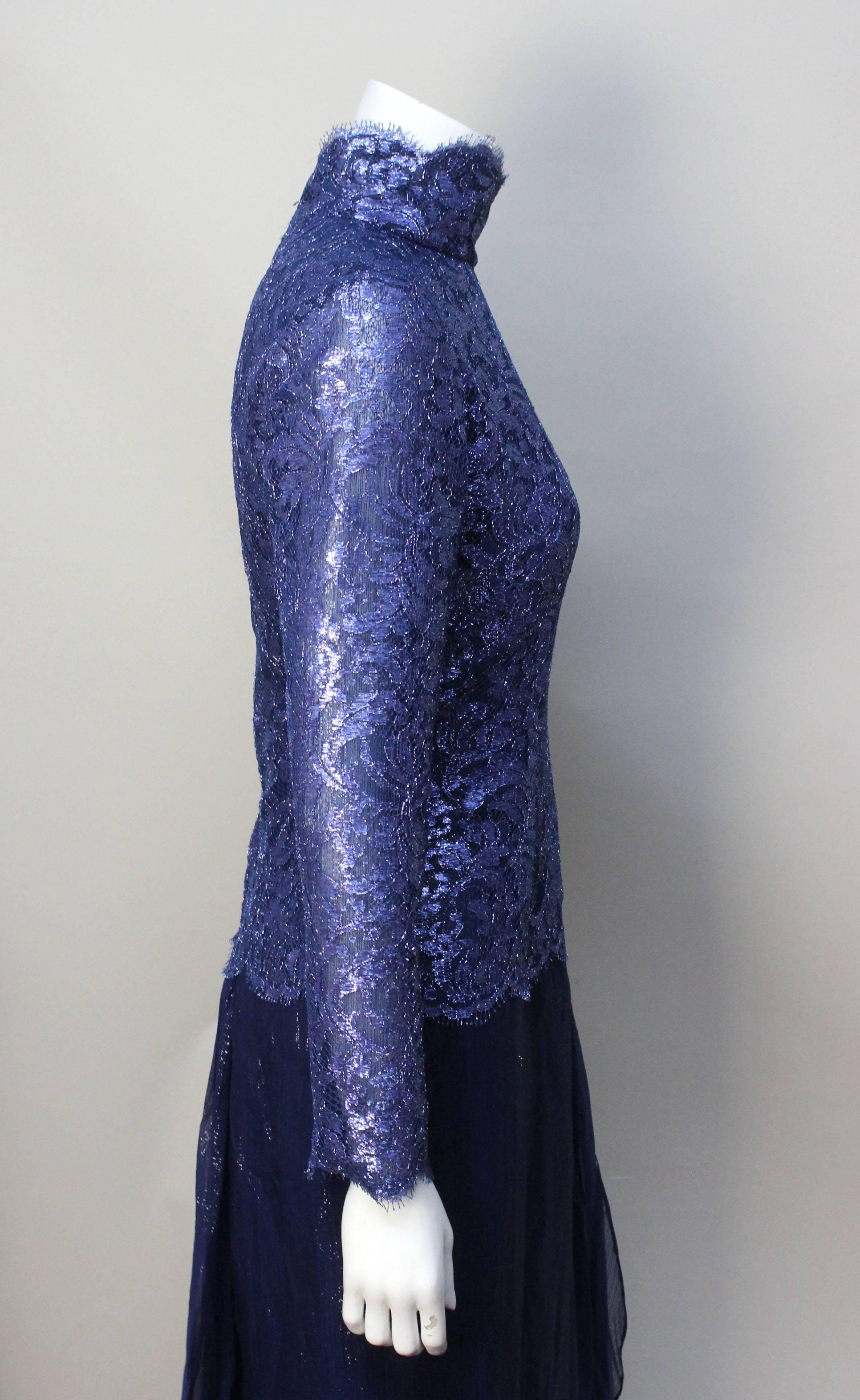 1970s Bob Mackie Glamorous Navy Lace and Silk Chiffon Evening Dress For Sale 1