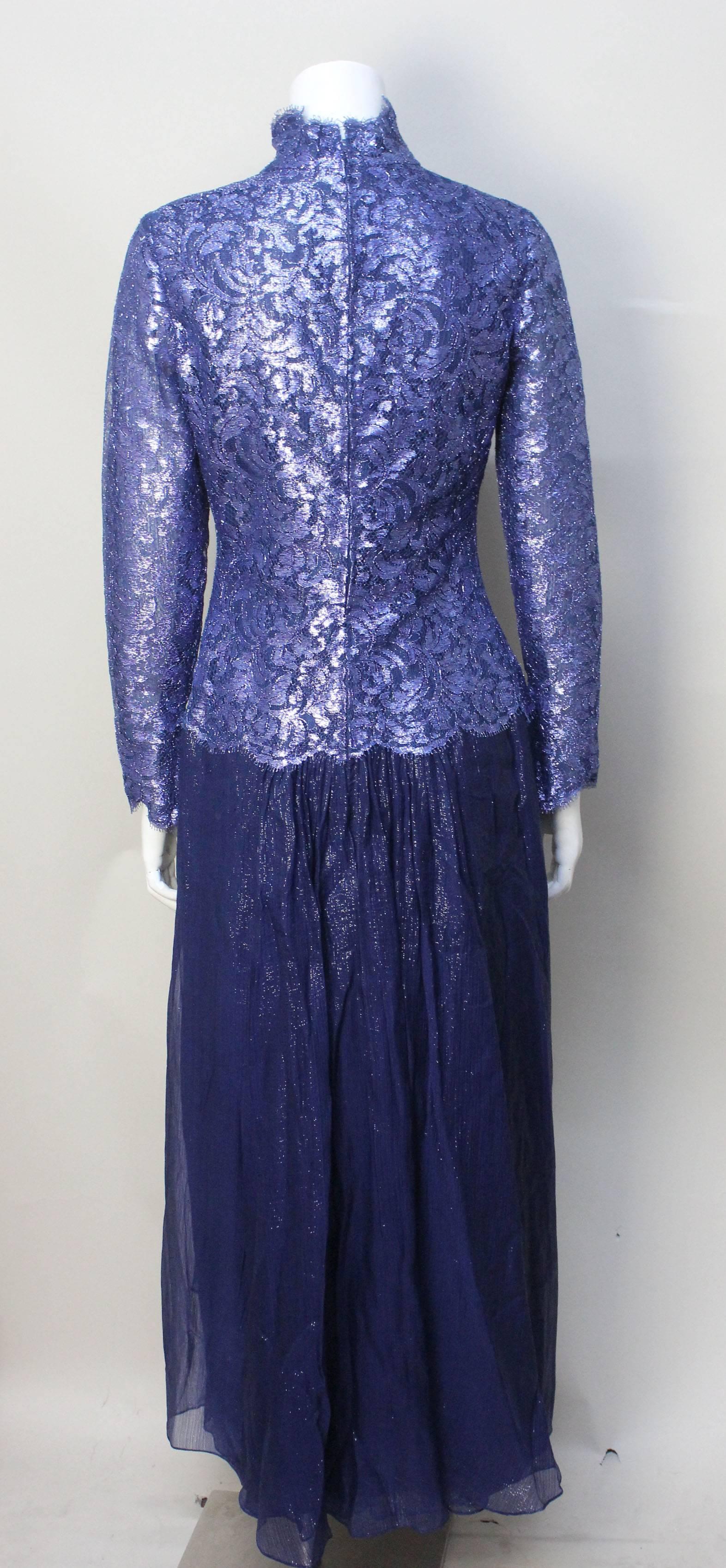 1970s Bob Mackie Glamorous Navy Lace and Silk Chiffon Evening Dress In Excellent Condition For Sale In New York, NY