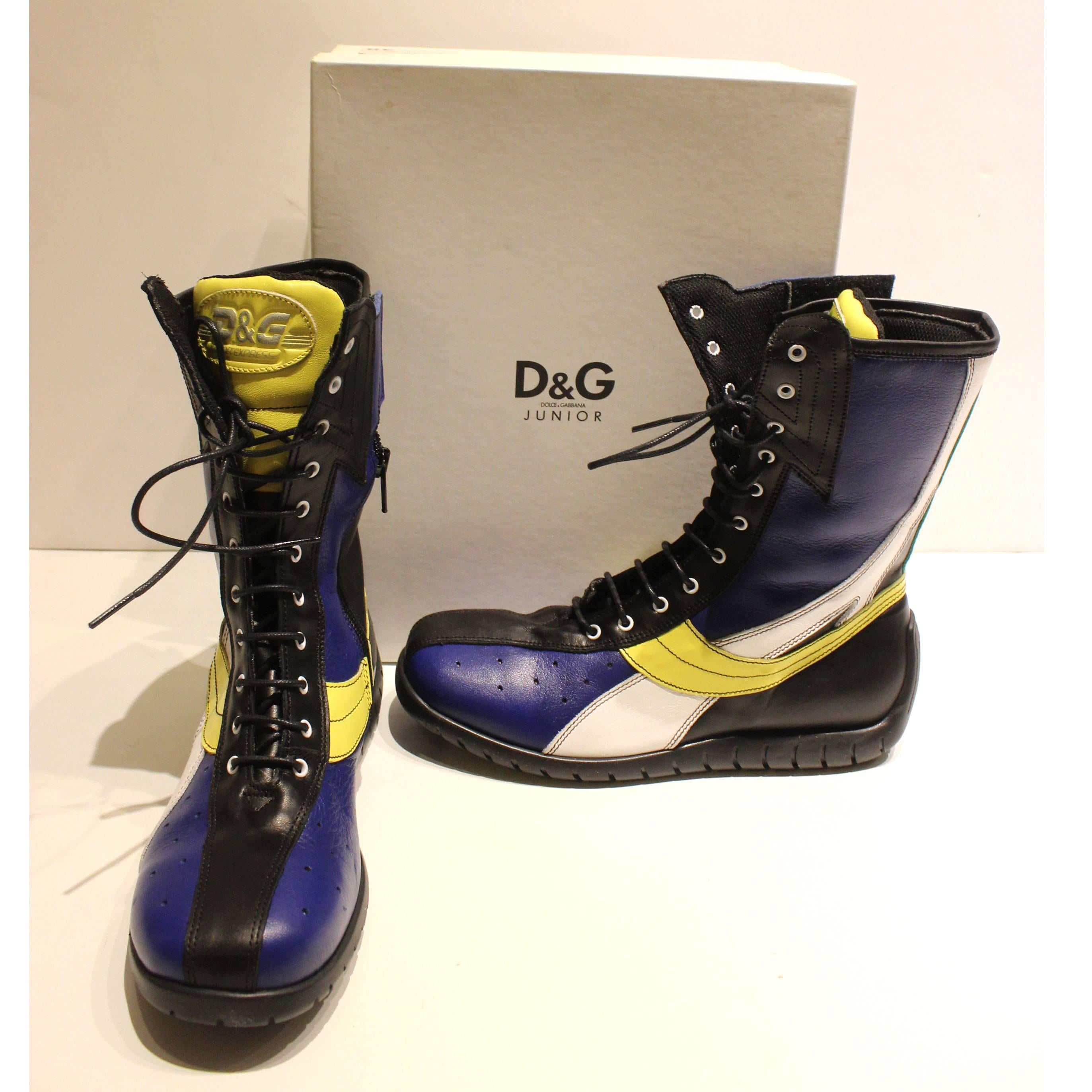 These brightly colored wrestling boots were produced by Dolce and Gabbana in 1990 and became all the rage. They were part of the D & G Junior line when they made a 