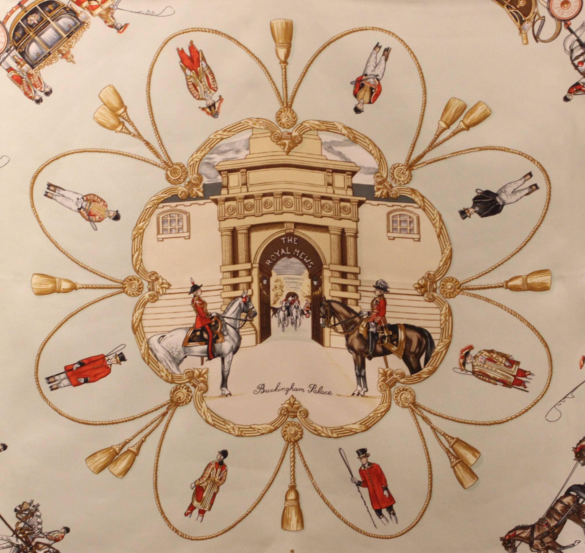 20% OFF!  Holiday Sale! Originally $495
This Hermes scarf was designed by Jean De Fougerolle in the early 1990's. His signature is marked in the lower right, opposite the Hermes Paris mark. The center illustrates the "Royal Mews"