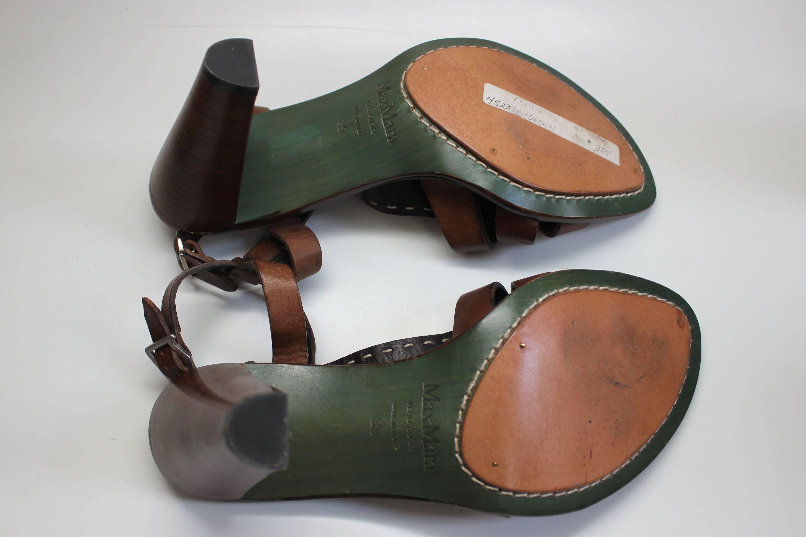 Vintage Max Mara Brown T Strap Sandals For Sale 1