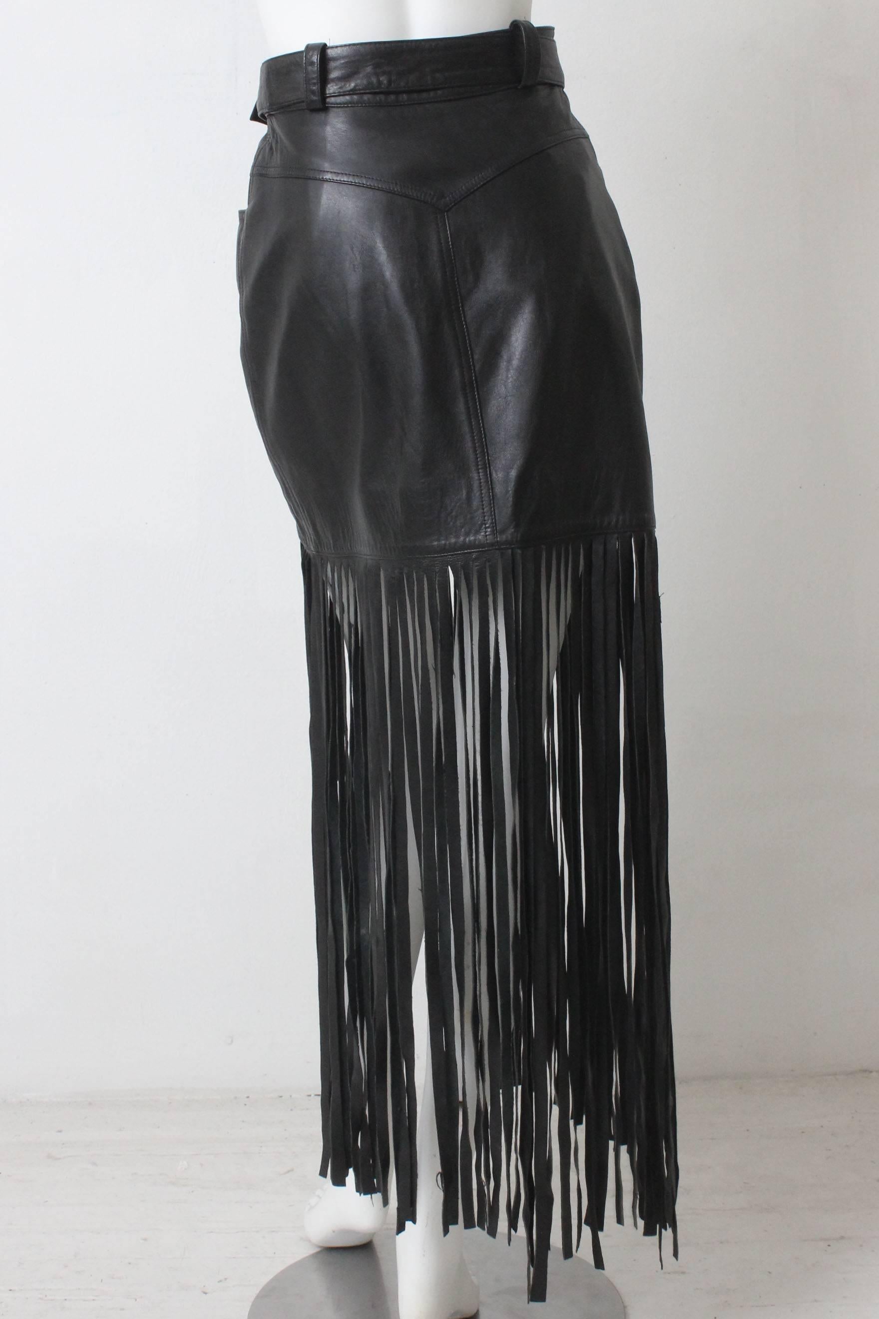 1980s Claude Montana Black Leather Floor Length Fringe Skirt For Sale 2