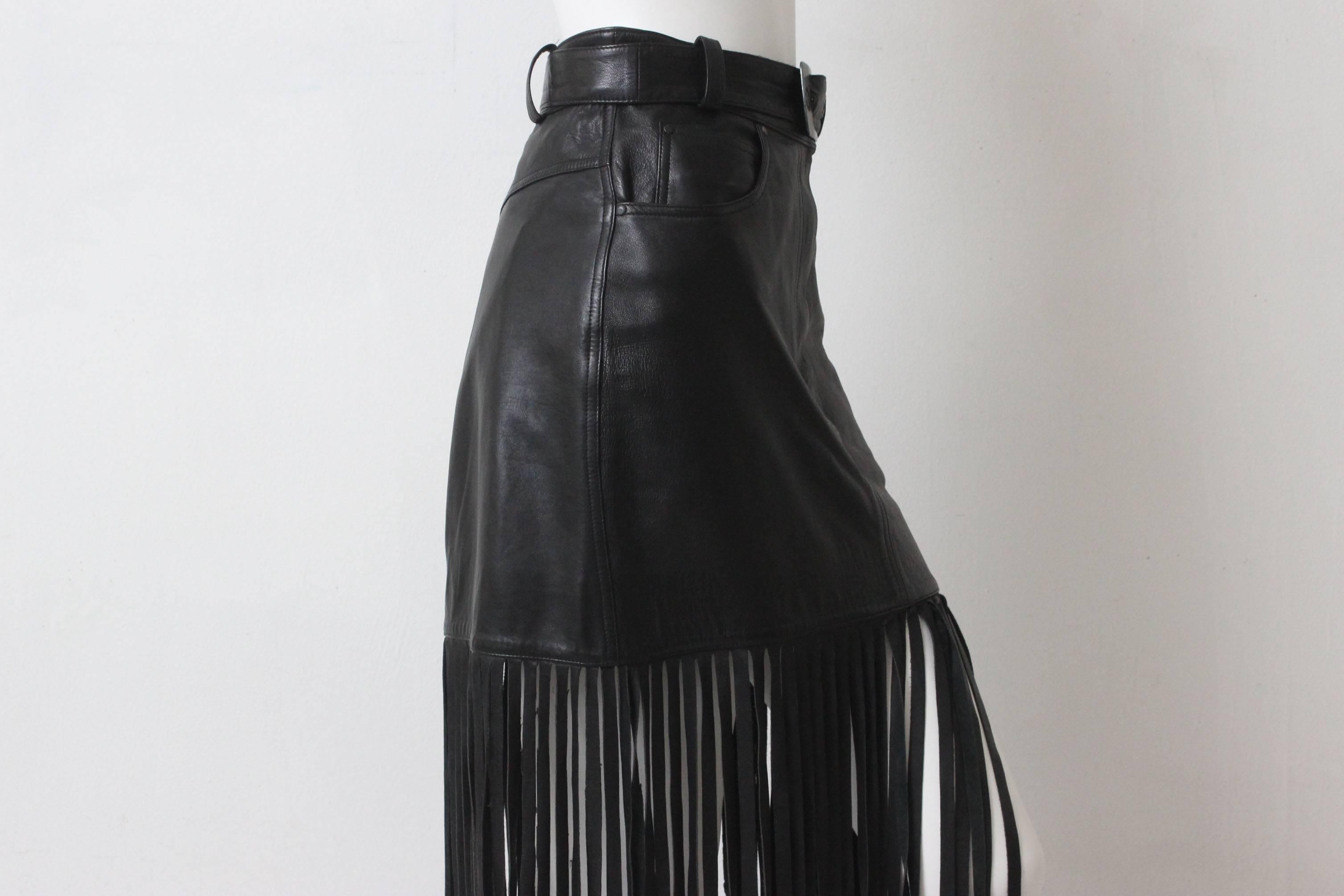 1980s Claude Montana Black Leather Floor Length Fringe Skirt For Sale 3