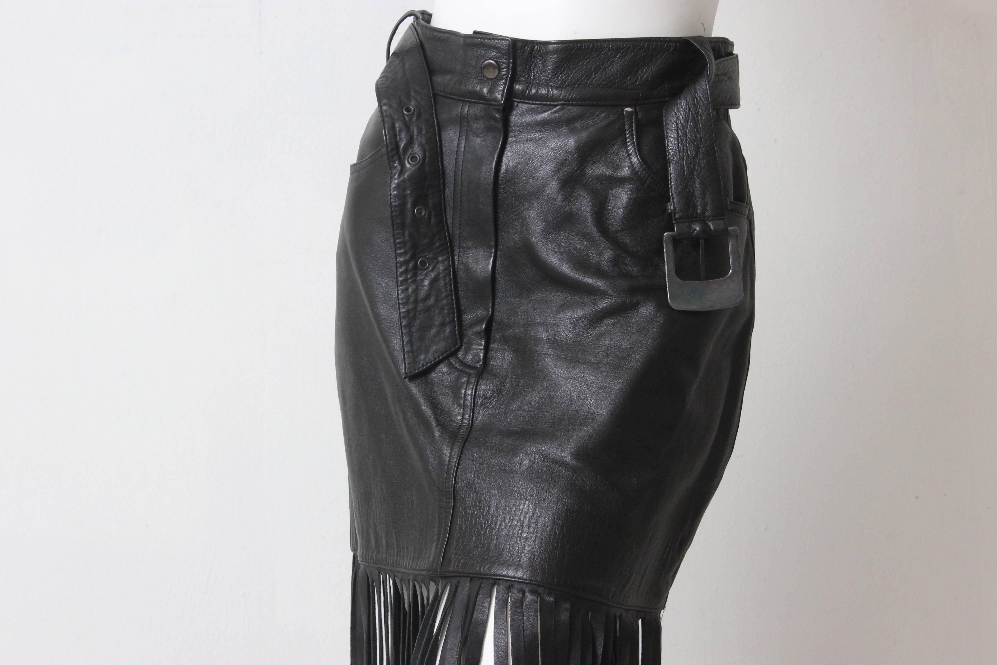 1980s Claude Montana Black Leather Floor Length Fringe Skirt For Sale 5