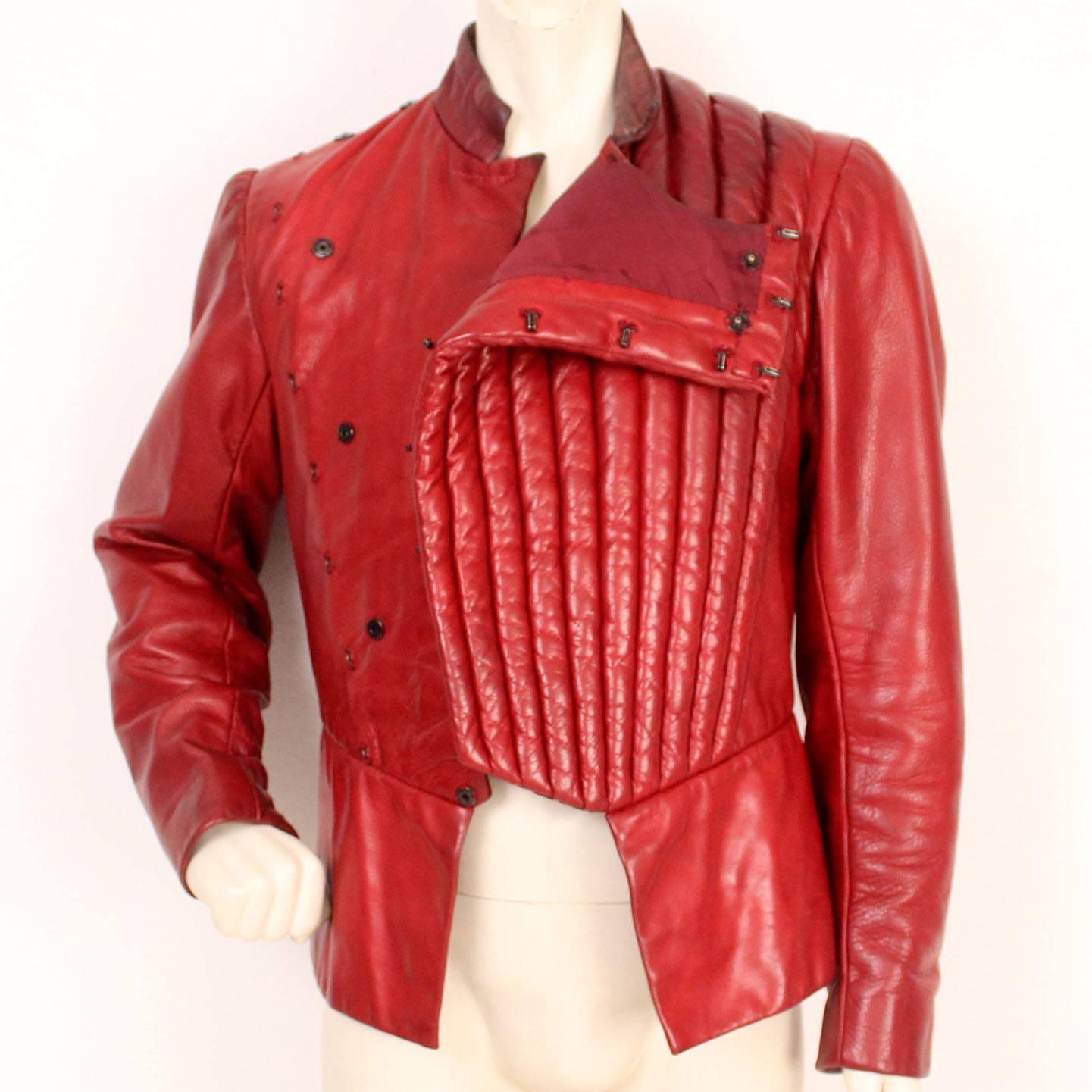 This buttery soft blood red leather jacket was created for the character of Arcite from "The Canterbury Tales" performed at the Royal Shakespeare Theater.  It is beautifully handcrafted with a quilted leather front fit for a princely